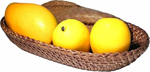 i-lan Dark Brown Woven Rattan Bread Serving Basket Bowl,Natural Wicker Oval Fruit Bowl,Decorative Food Storage Bowl for Bread, Snack, Candy (S: 10")