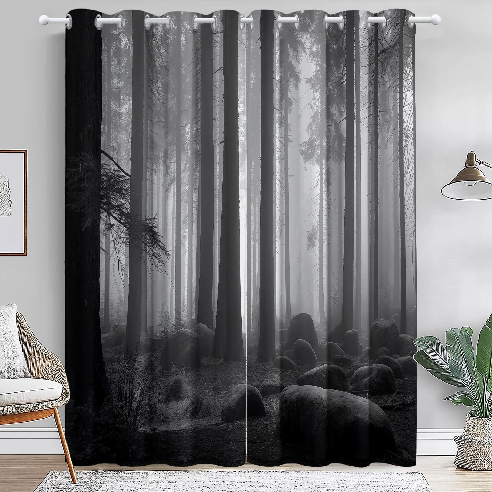 Rideau occultant thermique imprimé brume de forêt noir et blanc 100x178cm