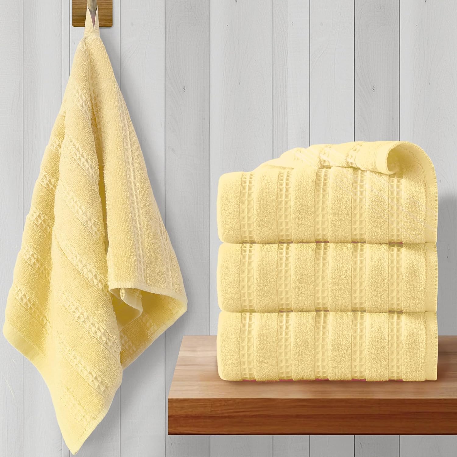 VOOVA & MOVAS Hand Towels 4PC,13"x30", 100% Cotton,with Loop,Yellow | Waffle Weave Fabric, Soft Lightweight & Absorbing, Quick Dry & Non-fading, Unshrinkable