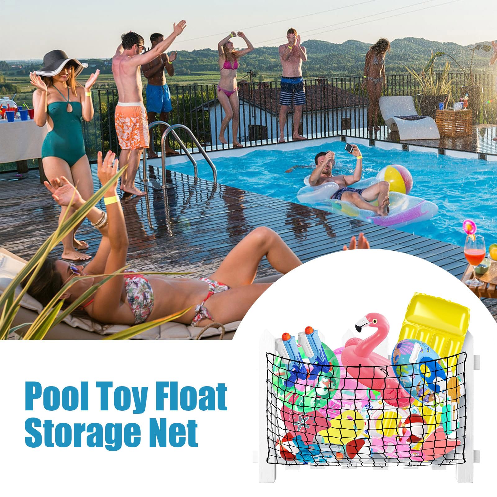 Pool Toy Storage Net, Large Mesh Organizer, Heavy Duty Storage Bag Black Design, Wall-Mount Netting with 20 Screw Hooks, for Inflatable Rafts, Beach Balls, Swim Chairs, Float Toys