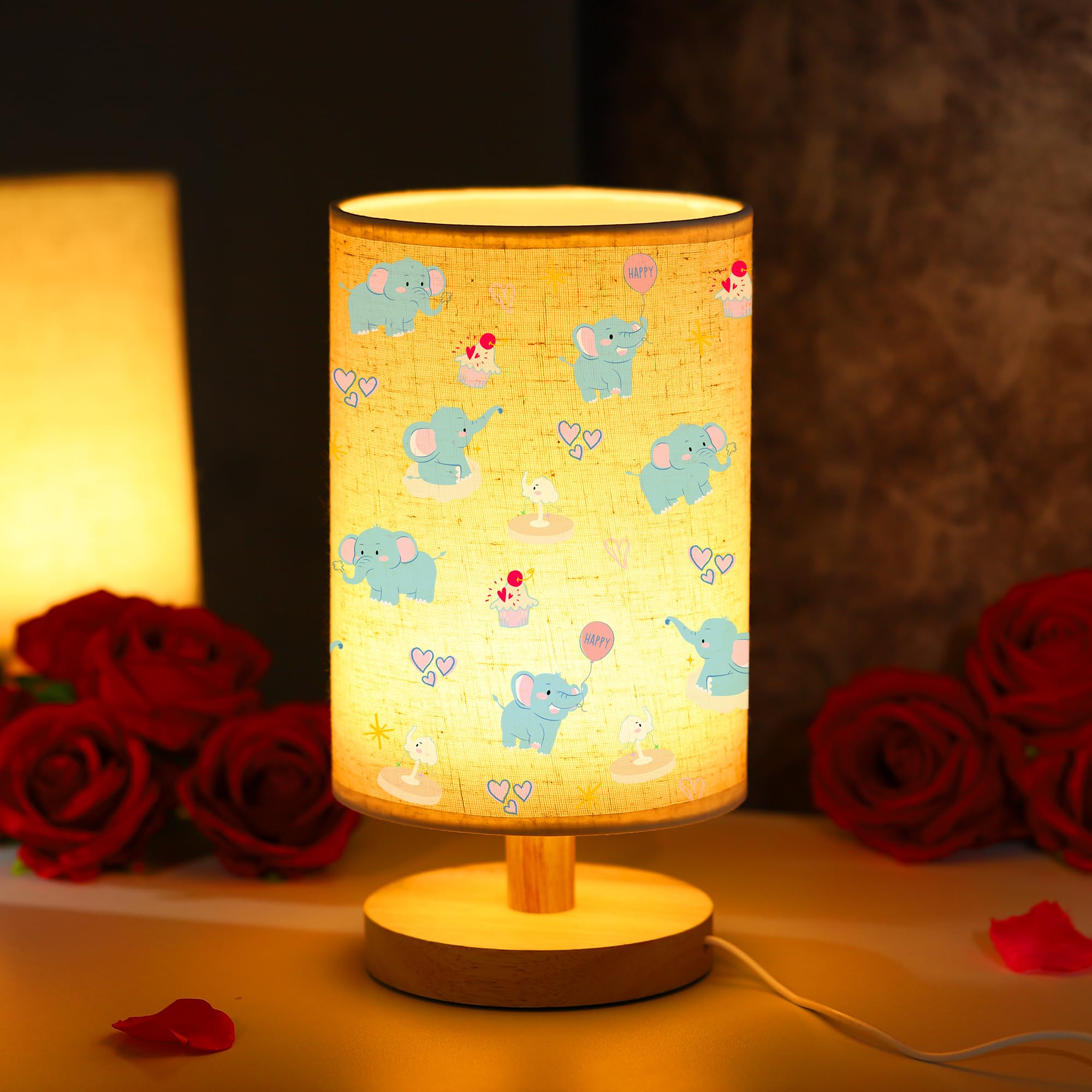 TURMTF Elephant Table Lamp - USB Powered Wood Base Night Light, Cute Animal Decor for Bedroom, Gift for Children on Birthday Christmas, Linen Shade (Elephant)