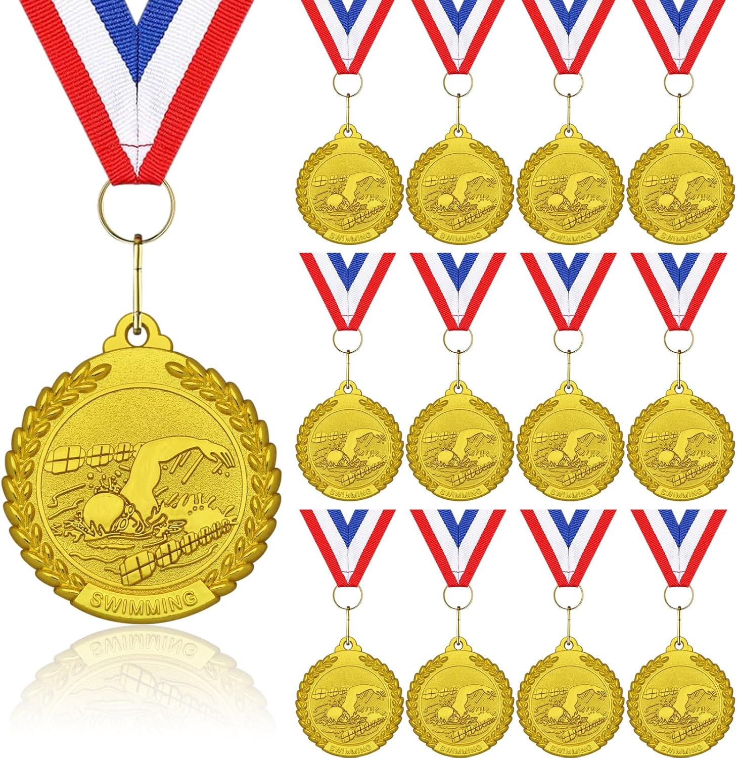 12 Pcs Swimming Medals - 2 Inch Gold Metal Award Medal with V Neck Ribbons for Kids Adults Swimming Tournament Theme Party