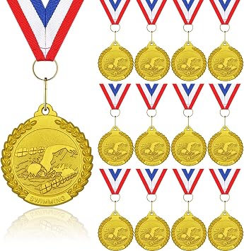 12 Pcs Swimming Medals - 2 Inch Gold Metal Award Medal with V Neck Ribbons for Kids Adults Swimming Tournament Theme Party