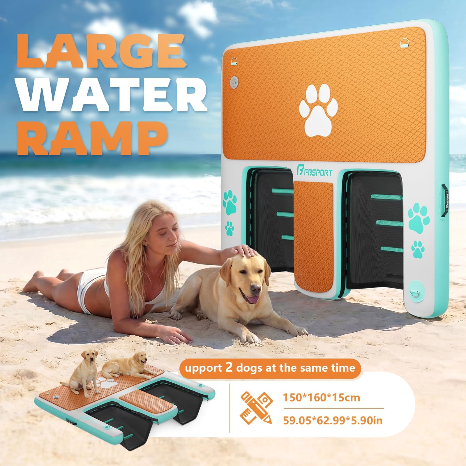Aufblasbare Hunderampen Wasserrampe mit 2 Leiter, 150x160cm Extra Breite Dog Pool Ramp für Hunde bis zu 180 kg, rutschfeste Hundeboot Leiter Schwimmrampe Welpe Planke für Boote, Dock und Seen