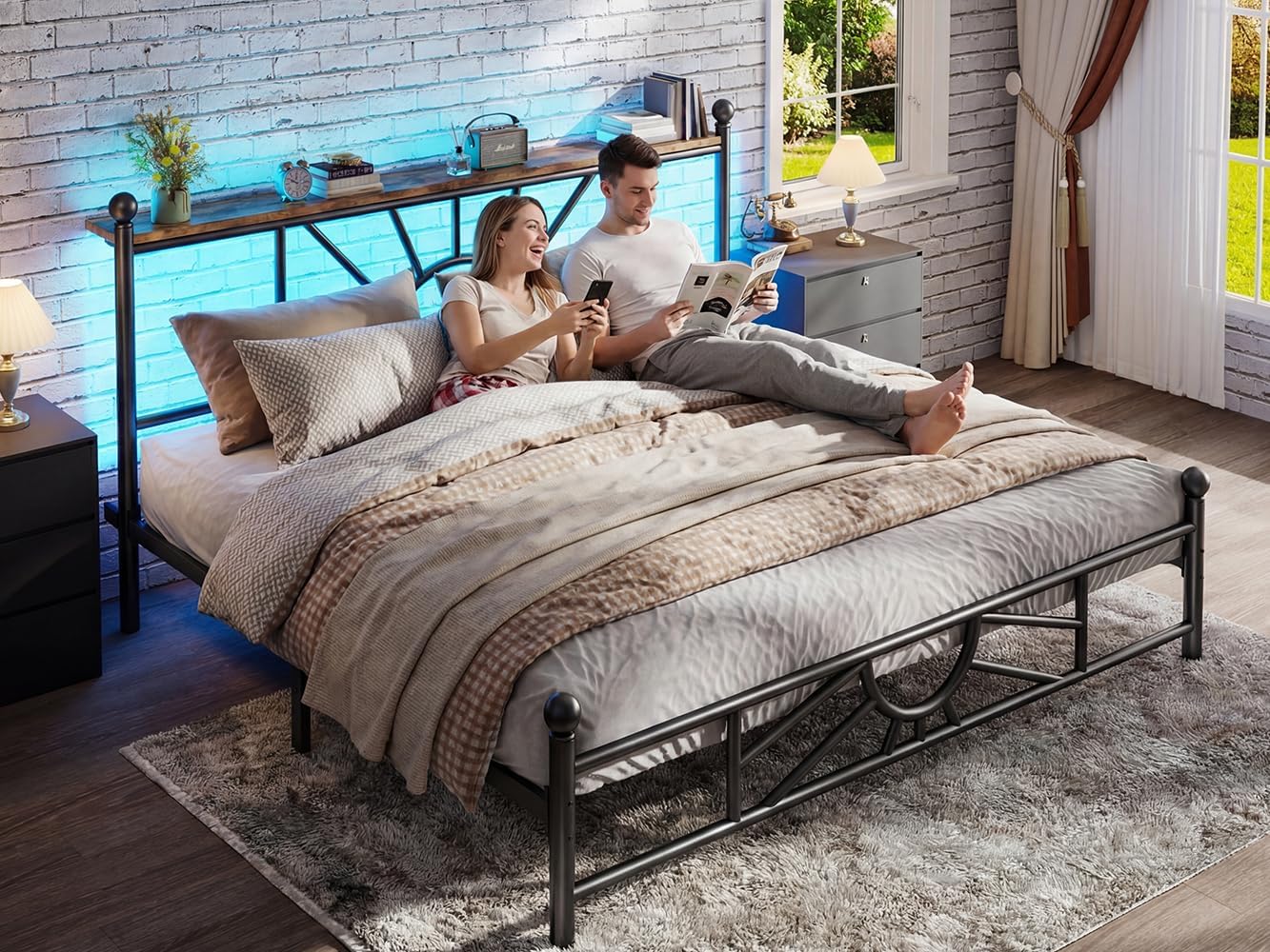 Queen Size Bed Frame Metal Platform with Headboard & LED Light, Bed Frame with Under Bed Storage/No Box Spring Needed/Noise-Free/Easy Assembly, Black