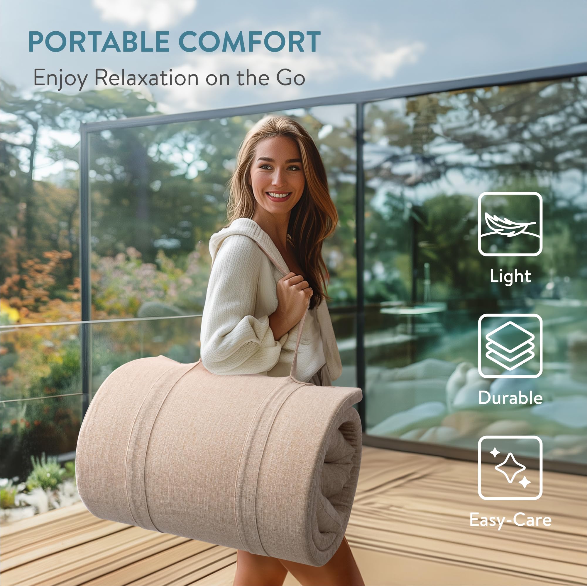 JEMIDI Cojín y Tumbona para Sauna y Jardín - Set 1x Colchoneta y 2x Cojin para Sauna SPA Piscina Jardin - Fácil de Transportar con Cuerdas - Fundas Lavables - Efecto Lino Beige