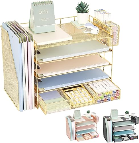 Organizador de escritorio de 5 niveles con estantes verticales, bandeja de papel de escritorio para organización de oficina con cajón y soporte para