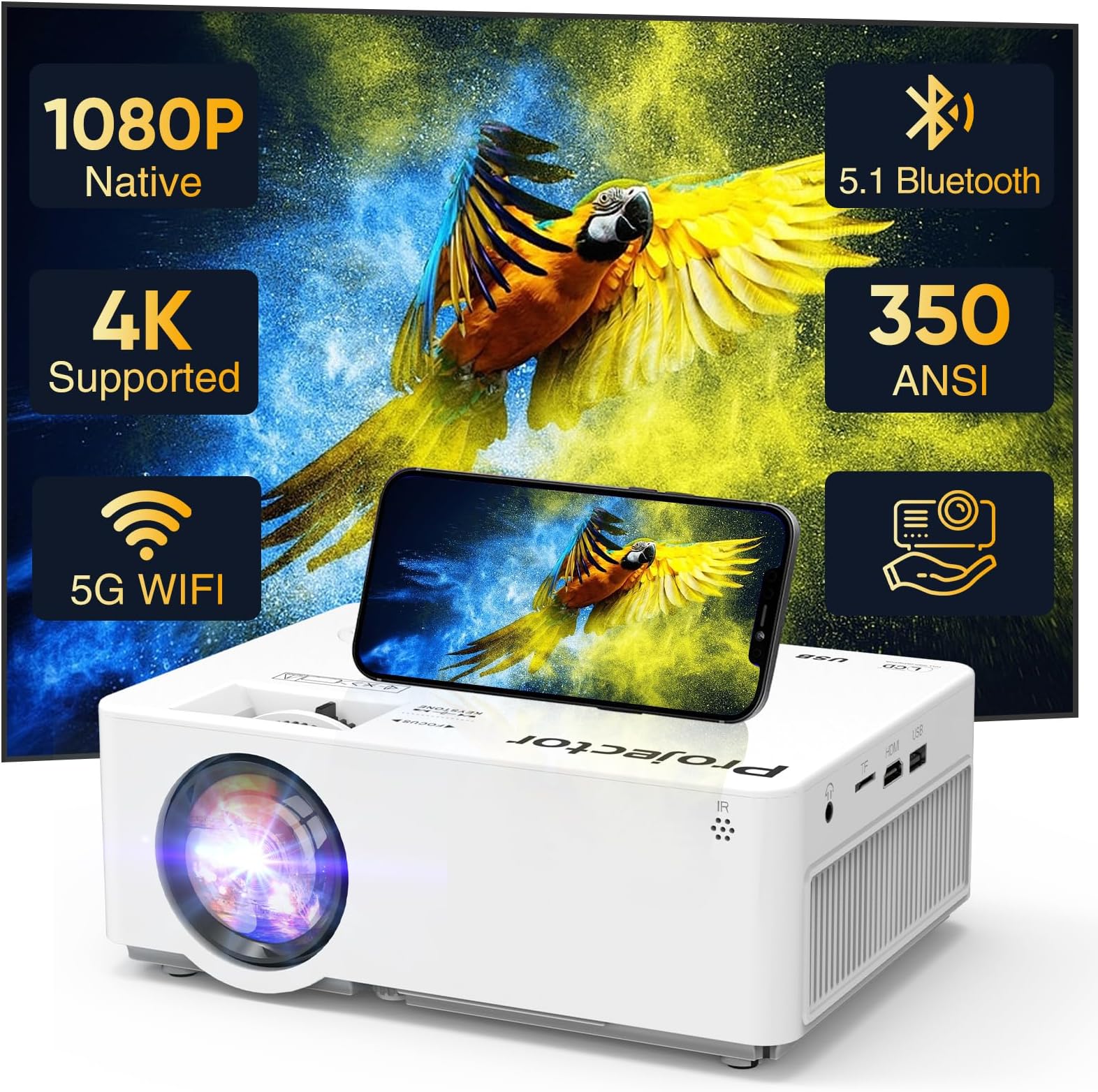 Native 1080P Projector with 5G WiFi Bluetooth, 4K Supported Home Projector, Portable Outdoor Projector with Max 300" Display, Movie Projector Compatible with TV Stick, HDMI, Phone