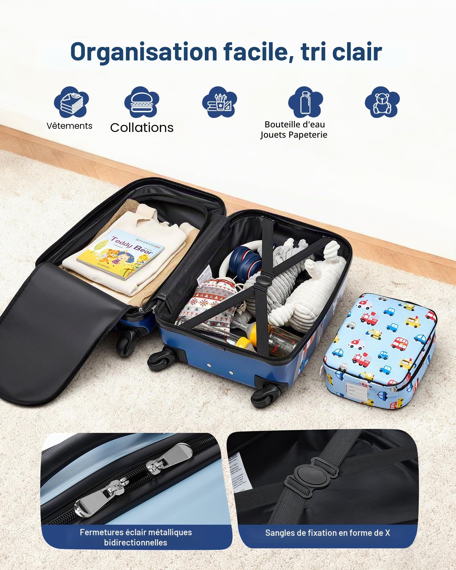 VEVOR Valise Enfant 32x23x45 cm Bagage Enfant Fille Garçon Valise Cabine Rigide à roulettes Motif Camion avec Sac à Dos, Oreiller U, Étiquette Bagages, Sac-Repas, Approuvée par Compagnies Aériennes