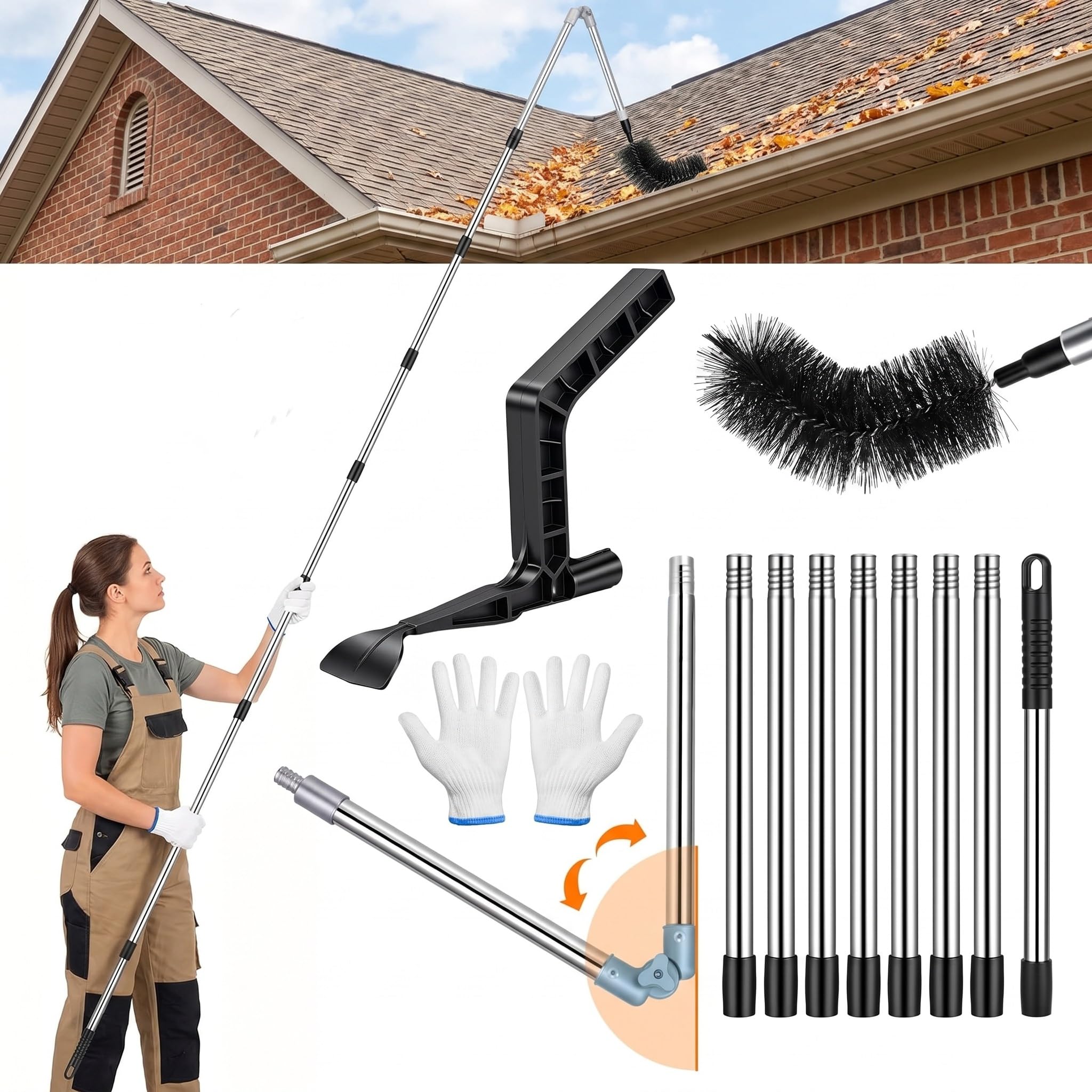 14FT Gutter Cleaning Tools - Stainless Steel Brush & Shovel Kit