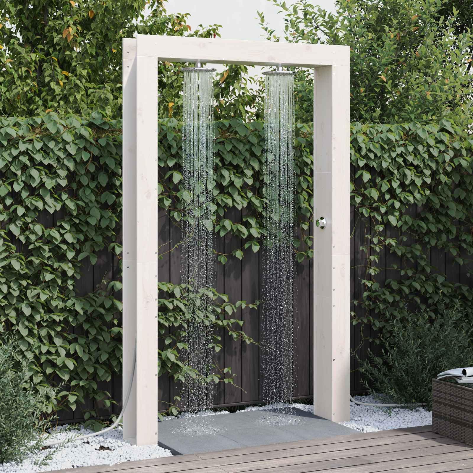 Doccia per esterni in legno massello di pino e acciaio inox, bianco, 226 cm, con tubo doccia regolabile in altezza, soffione girevole, resistente alle intemperie, per giardino, piscina