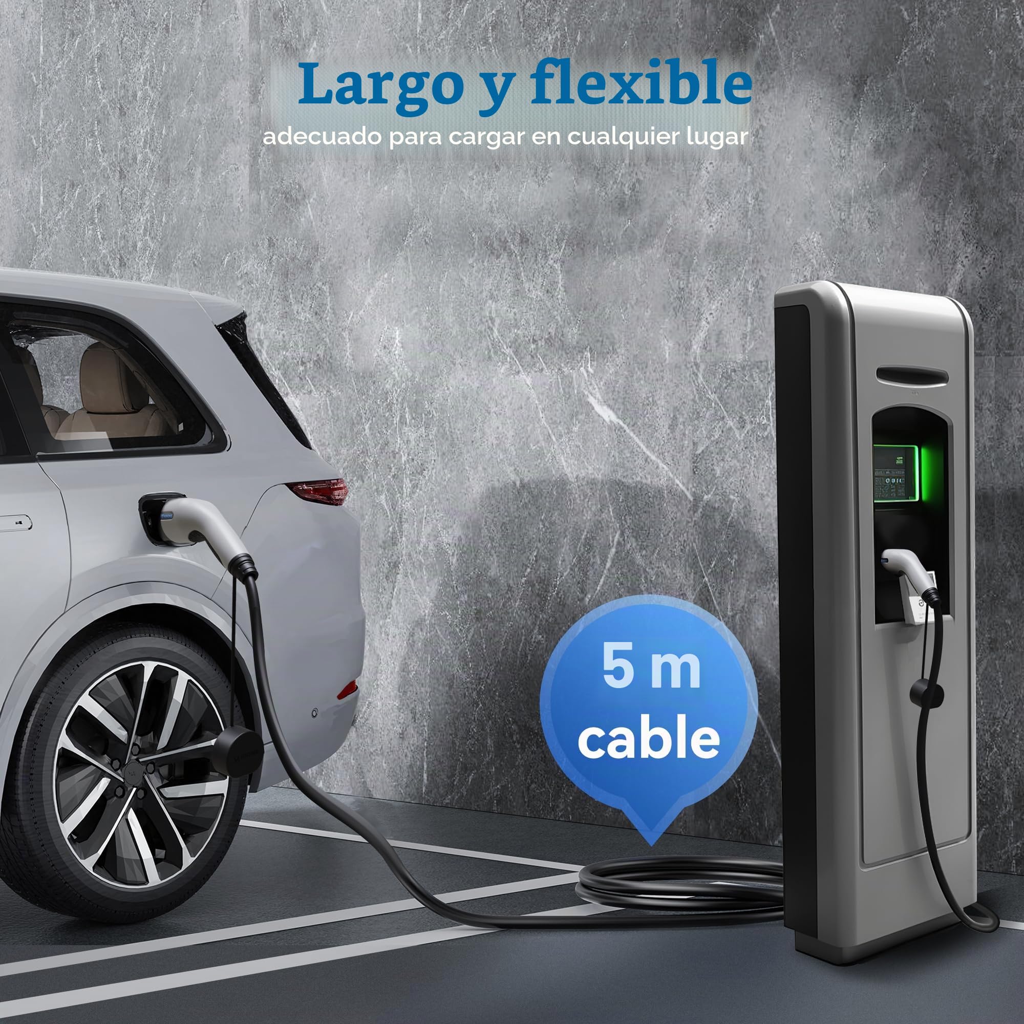 EV Cable de Carga Tipo 2-32A /7,4kW/Monofásico Cable Carga Coche Electrico para EV/PHEV Cable Tipo 2 Cargador Coche Electrico Compatible con Todos los Modelos Tipo 2/CCS2(Blanco)