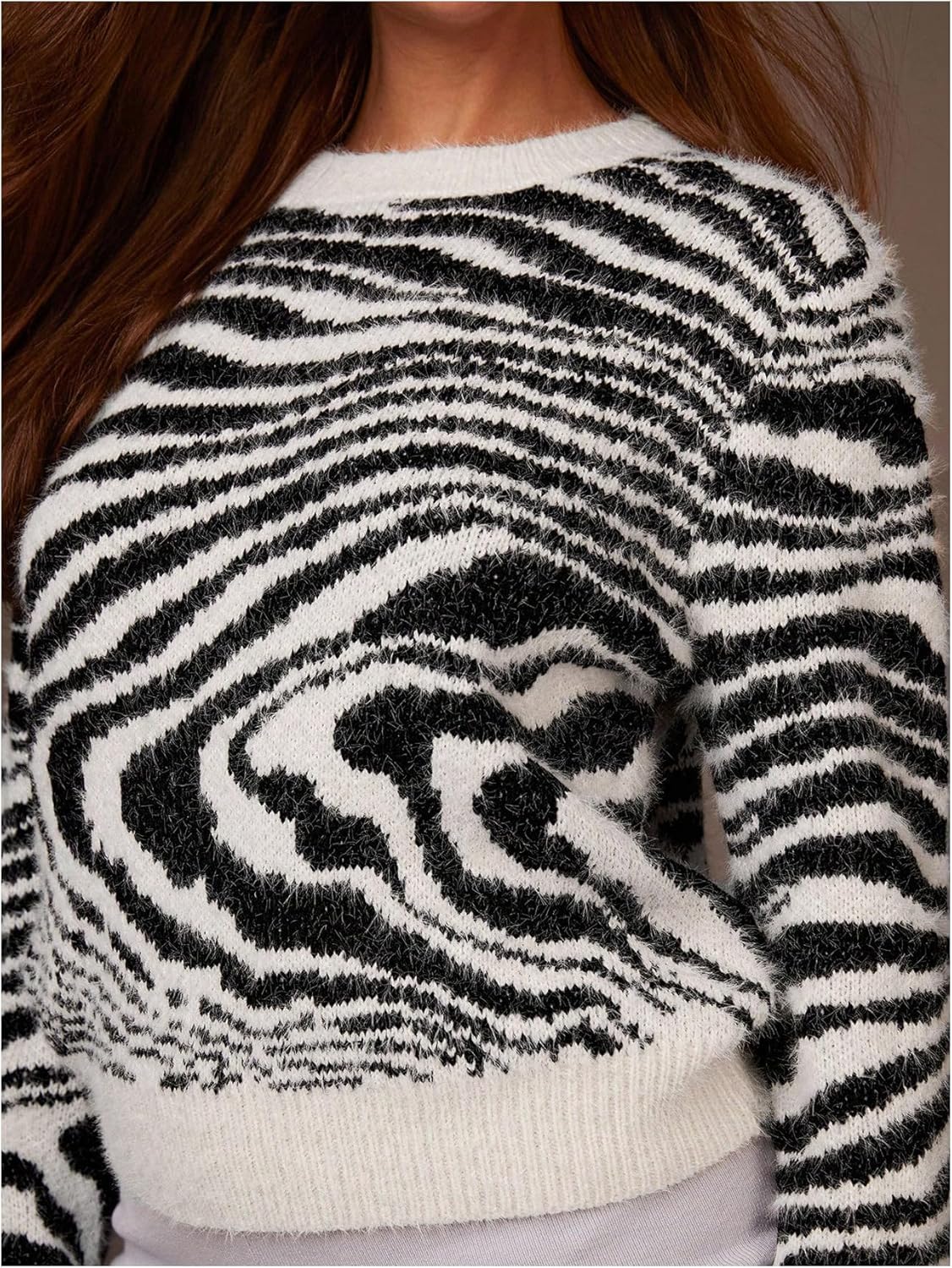 MakeMeChic Women's Zebra Striped Sweater Fuzzy Crew Neck Long Sleeve Pullover Jumper Tops - Image 4