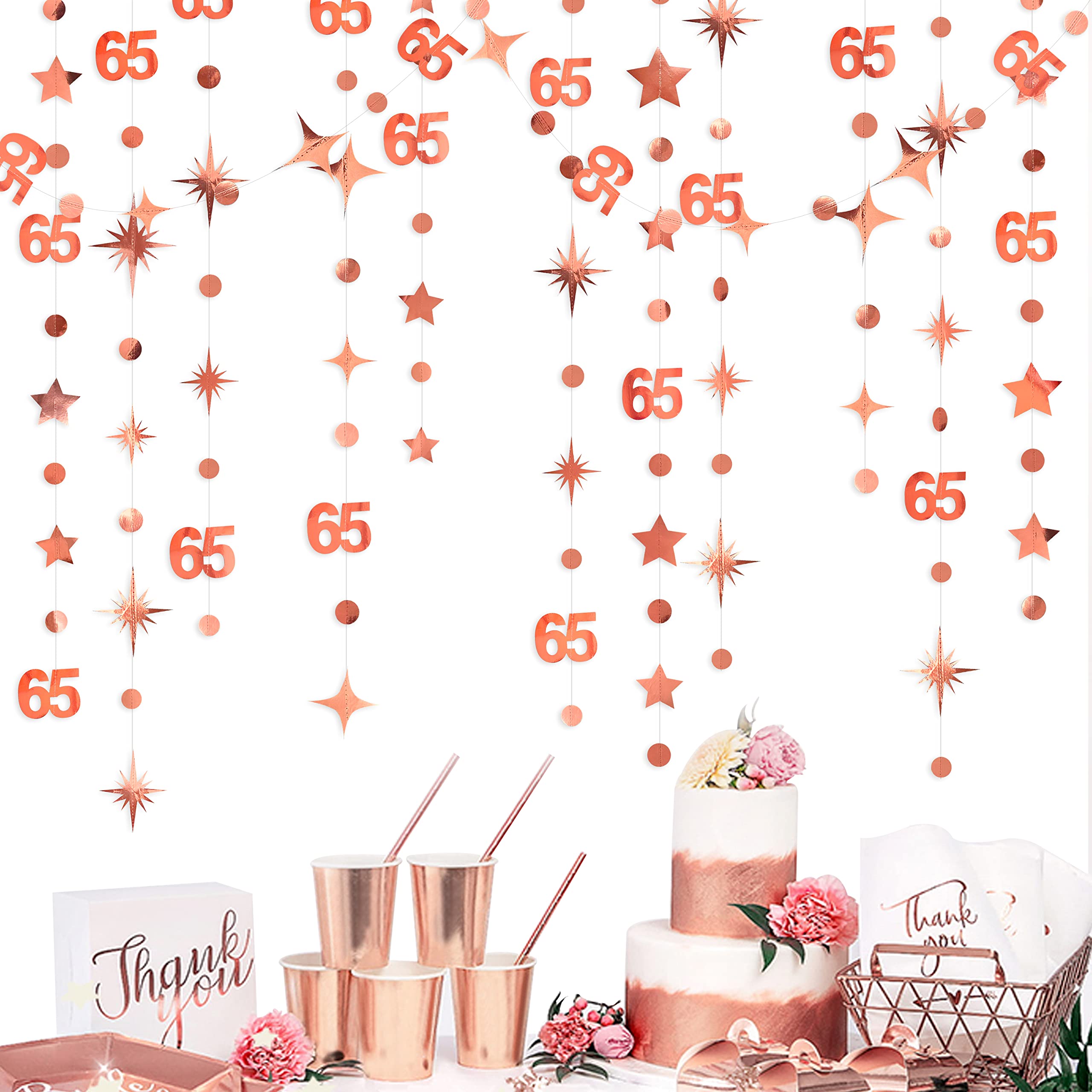 Rose Gold 65th Birthday Decorations Number 65 Circle Dot Twinkle Star Garland Metallic Hanging Streamer Banner Backdrop for 65 Year Old Birthday Happy
