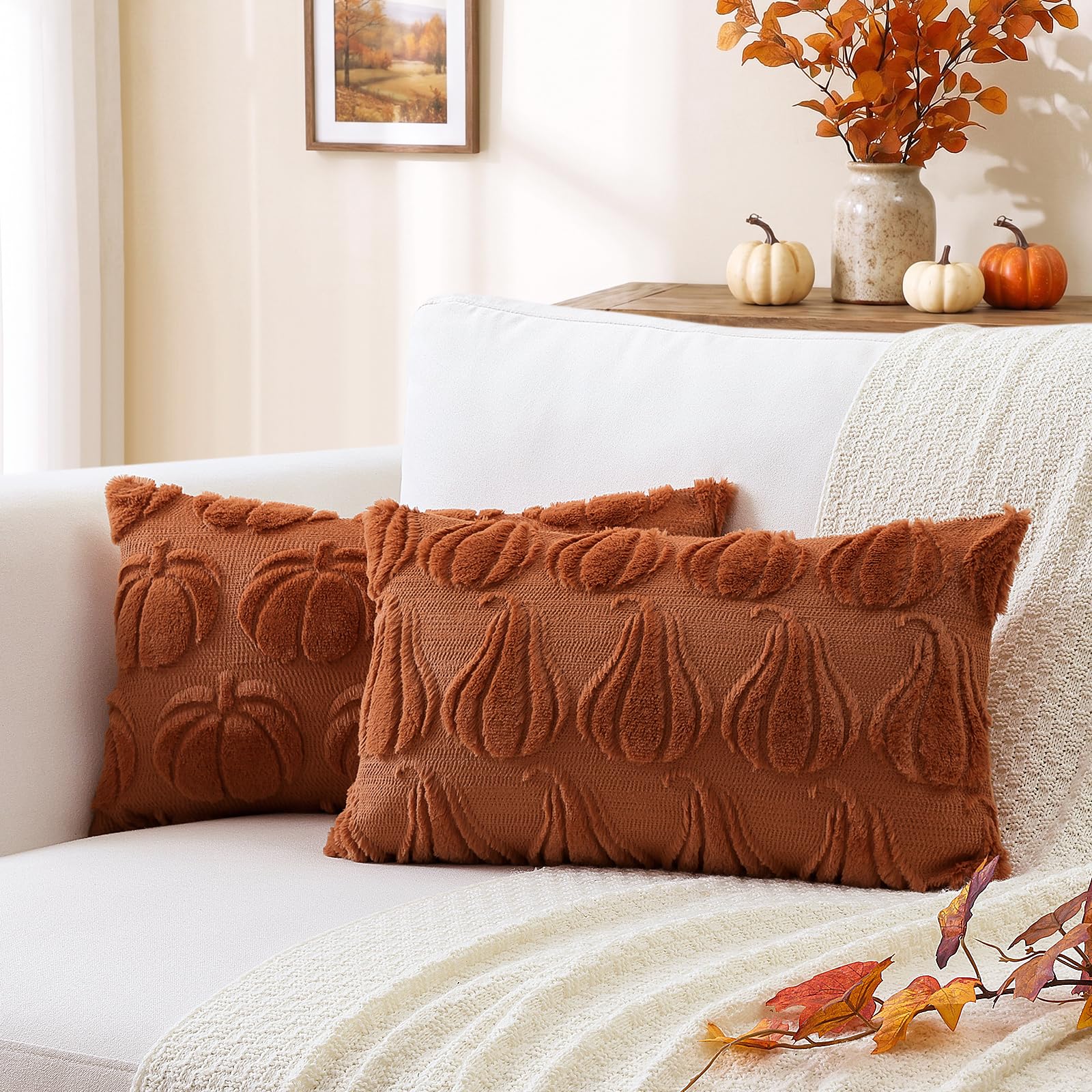 Artscope Fall Cushion Covers Set of 2 Two Types of Pumpkins Throw Pillow Covers for Sofa Couch Bed Living Room Soft Plush Short Wool Velvet Farmhouse Pillowcases for Halloween 30x50cm Rust