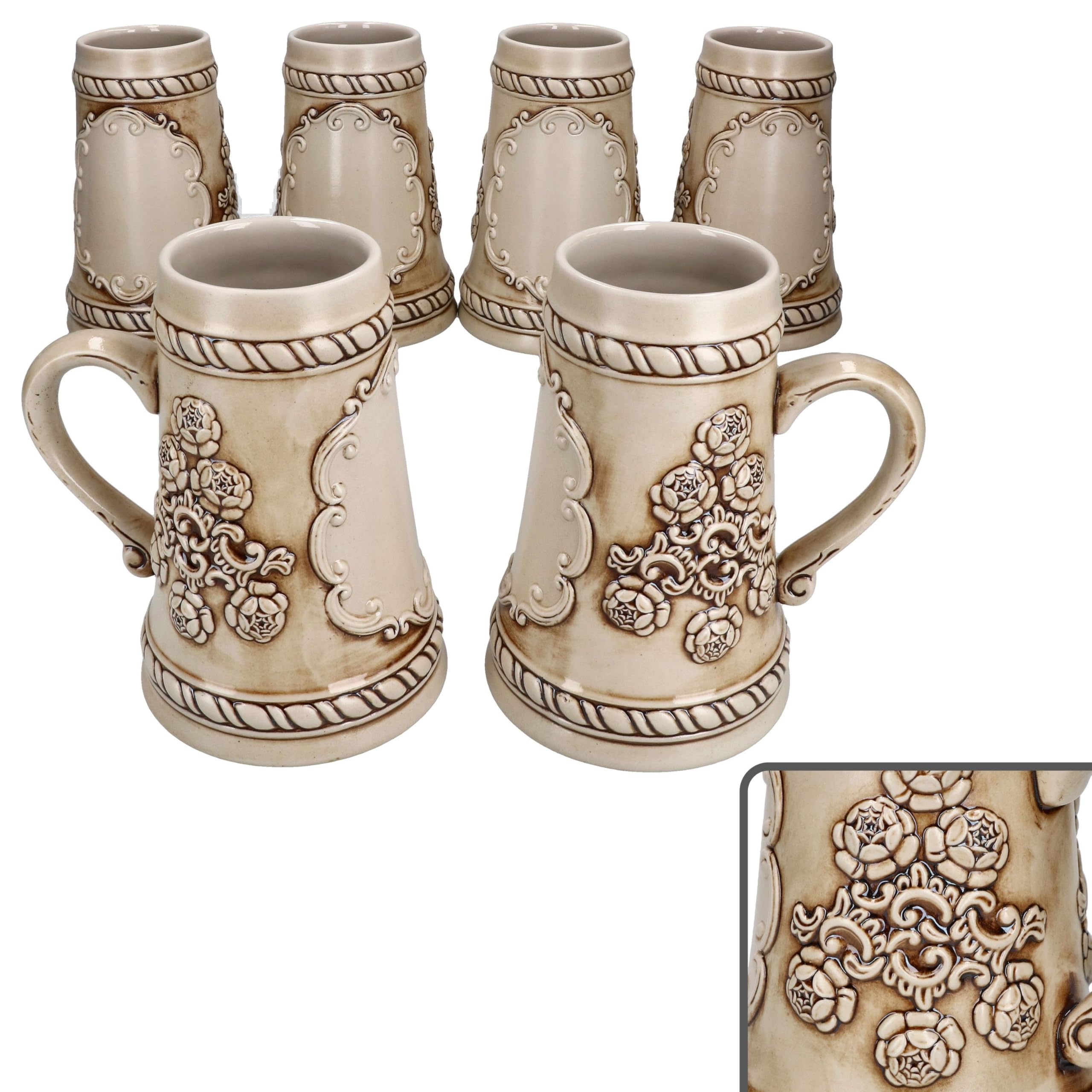 MamboCat Lot de 6 chopes à bière conique en céramique avec anse - 0,5 l - Beige/marron - Avec relief et plaque pour 6 personnes - Chope à bière au look vintage - Pour barbecue, fête de club
