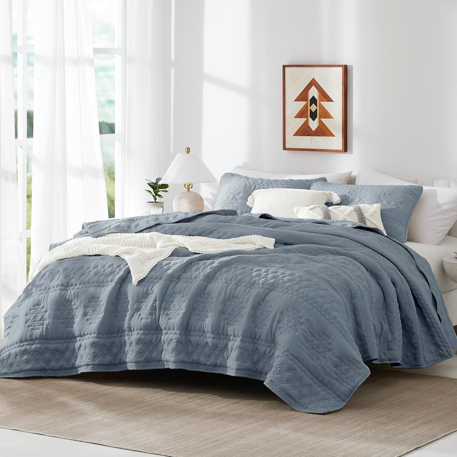 WDCOZY Boho Blue Grey Quilt King Size Bedding Sets with 2 Pillow Shams, Farmhouse Lightweight Soft Bedspread Coverlet for All Season, 3 Pieces, 104x90 inches - Image 2