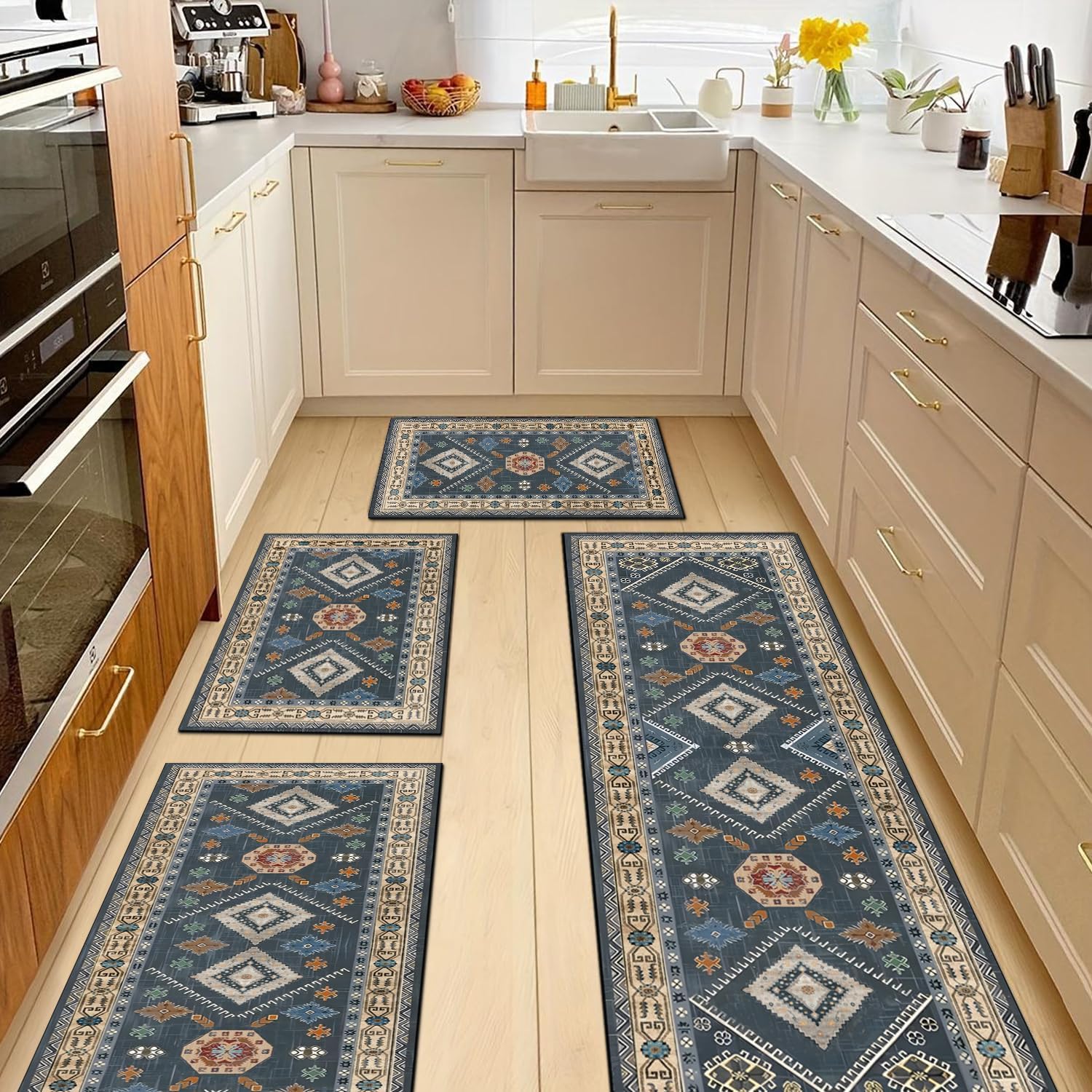 Boho Kitchen Rugs Sets 4 Piece with Runner Floral Kitchen Floor Mat Carpet Farmhouse Kitchen Rugs and Mats Non Skid Washable Runner Rug for Kitchen Floor Sink Dark Blue 1'8" x 4'11" (4 PCS)