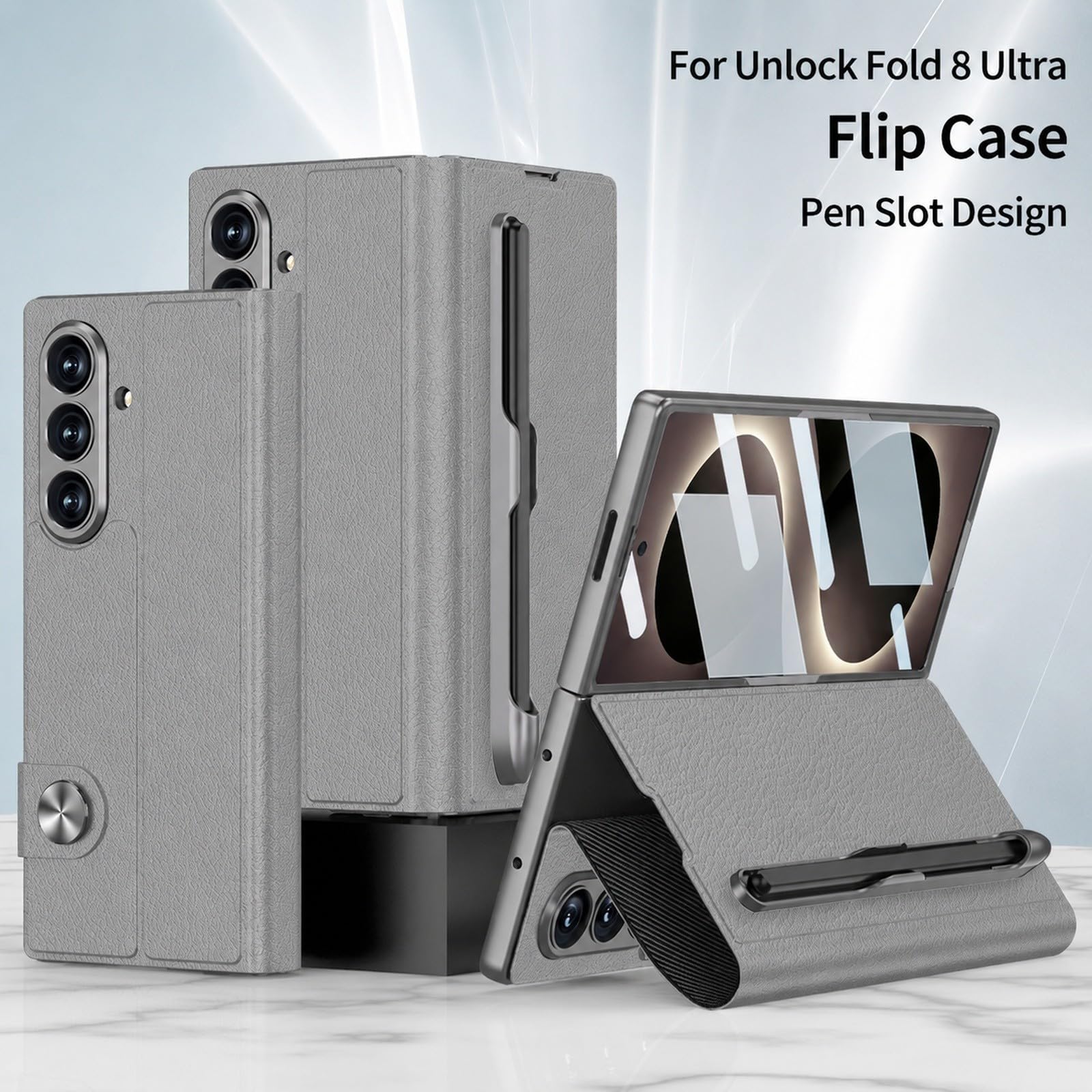 Generic etui kompatybilne z Samsung Galaxy Z Fold 6 (kolor: szary) odporny na wstrząsy skórzany uchwyt na długopis twarde etui z klapką z przednią folią szklaną