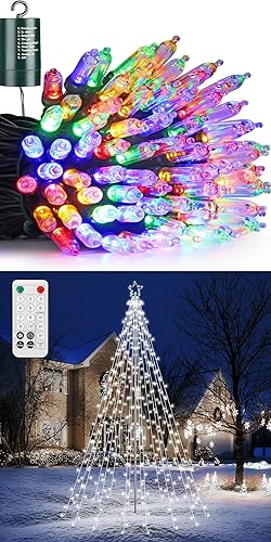 Flacchi Tira de luces multicolor de Navidad, 100 luces LED de 33 pies, funciona con pilas, poste de 10 pies, 404 luces LED de estrella con control