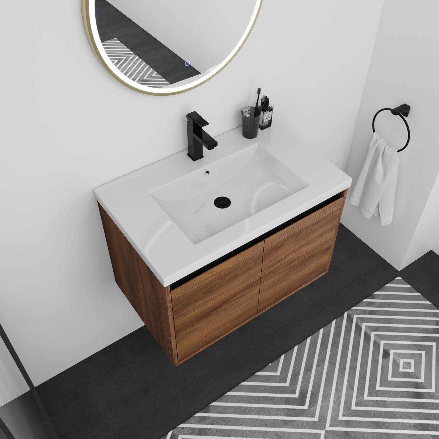 Floating Vanity Bathroom, 30 Inch Bathroom Vanity with Sink, Wall Mounted Single Sink Bathroom Vanity, Soft Closed Doors, Integrated Sink, Engineered Wood (Walnut)