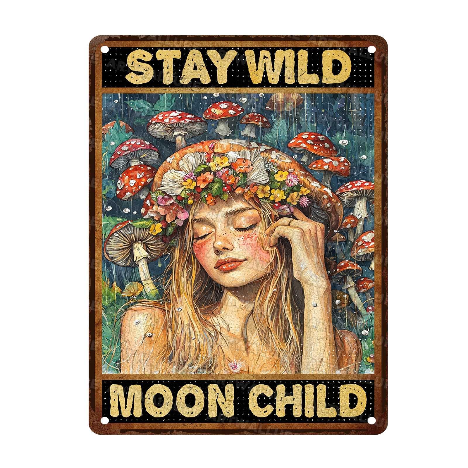 Girl Tin Sign Wild Moon Vintage Metal Sign Mushroom Wall Art Plaque for Home Bar Bedroom Man Cave Office 12x16Inch