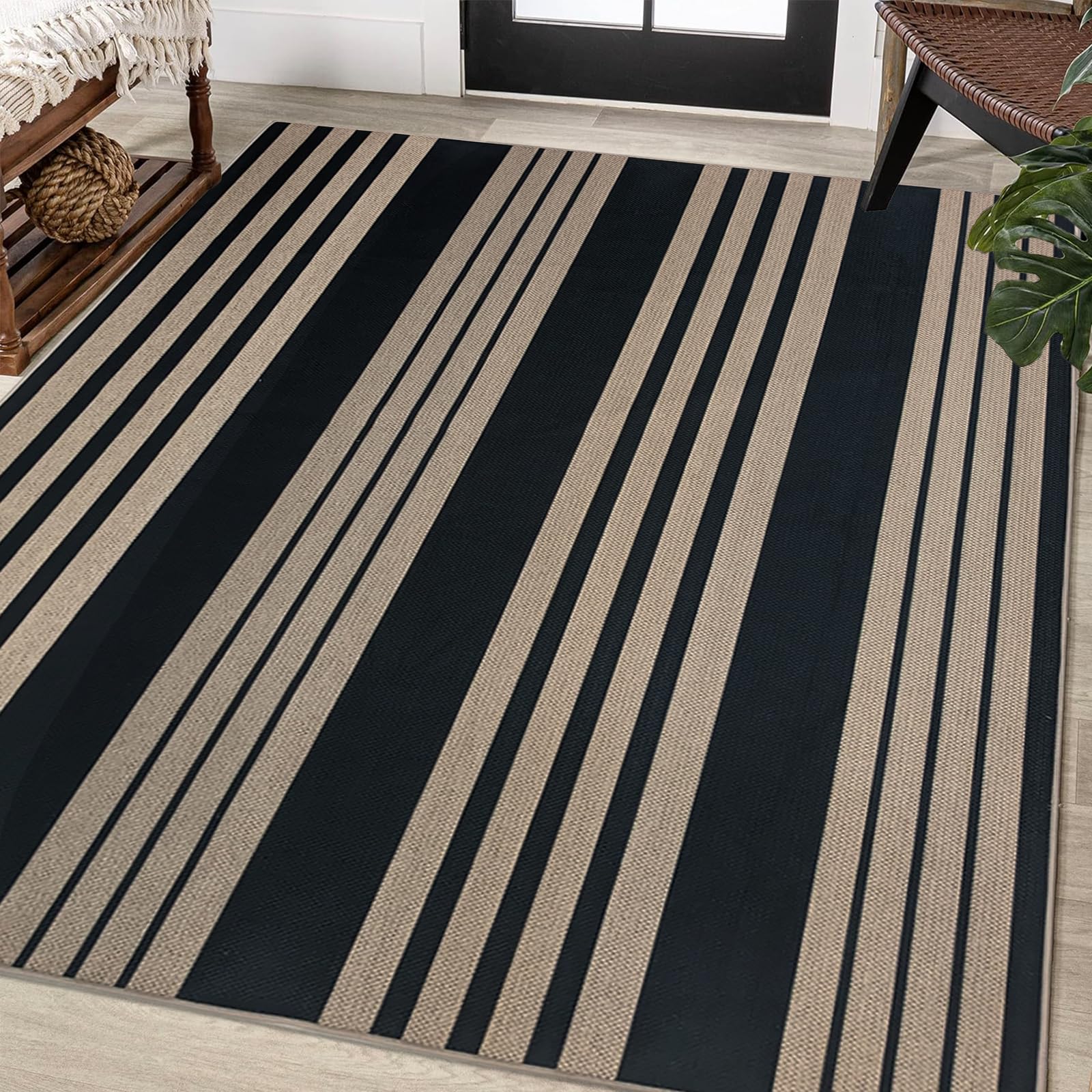 USTIDE Striped Easy Jute Rug 5x7 Non Slip Washable Area Rugs, Large Neutral Living Room Mat, Farmhouse Indoor Outdoor Black Carpets for Bedroom Dining