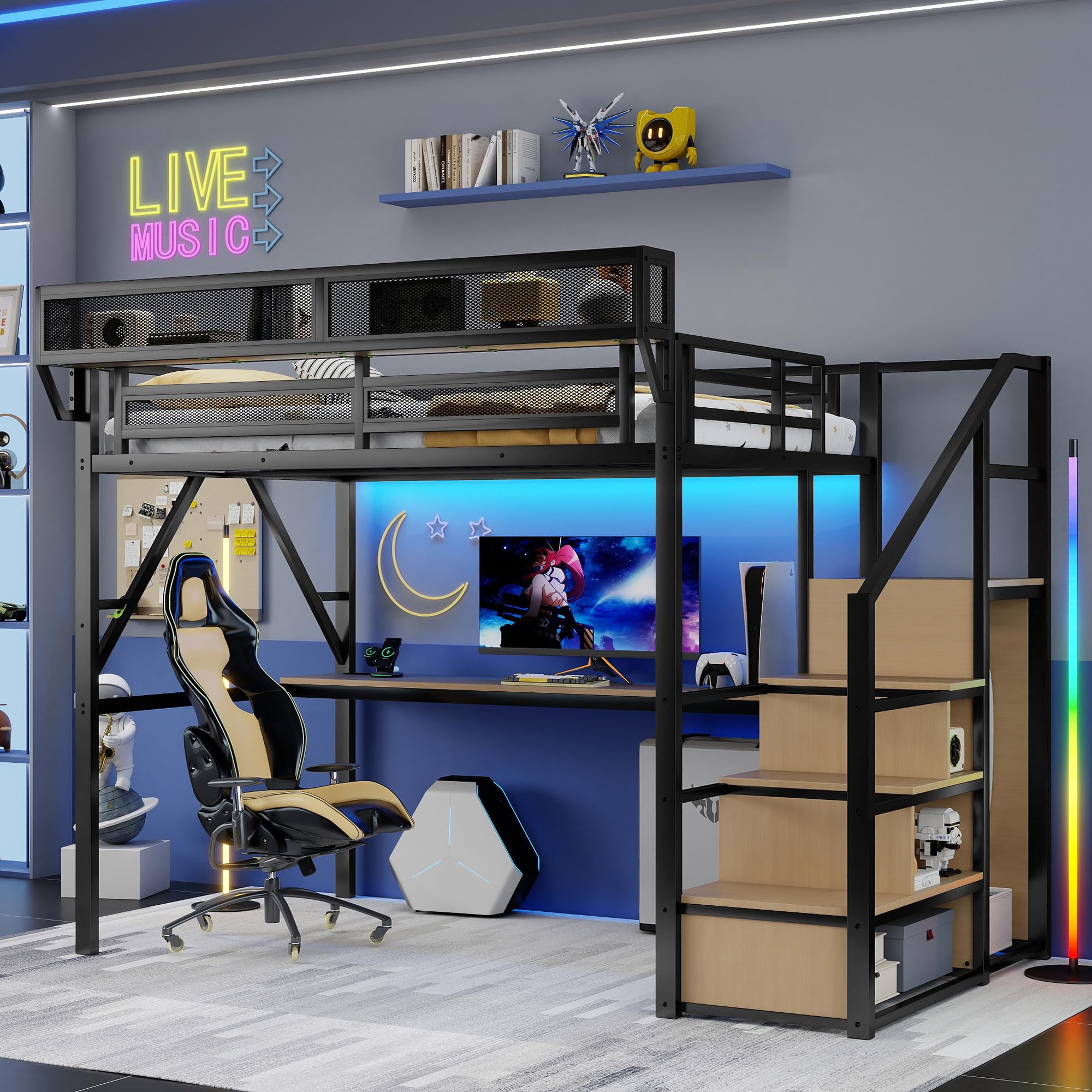 Queen Size Gaming Loft Bed with Stairs and Desk, Metal Loft Bed Frame with Bedside Shelf and Light, Heavy-Duty Adults Lofts Beds with Storage Wardrobe & Charging Station, Black