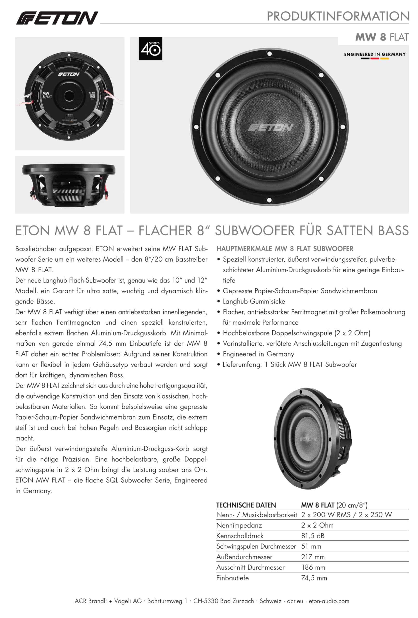ETON MW 8 Flat - Caisson de basses plat de 20 cm - 2 x 250 W