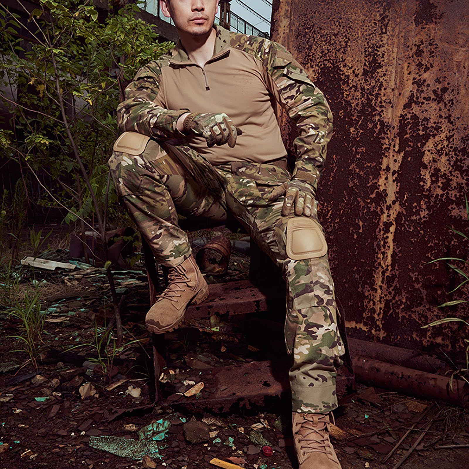 HAZARA Chemise De Combat Uniformes Rip-Stop à Manches Longues Pantalon De Camouflage Homme avec Coudières,Genouillères Et Gants De Combat Pantalon De Combat