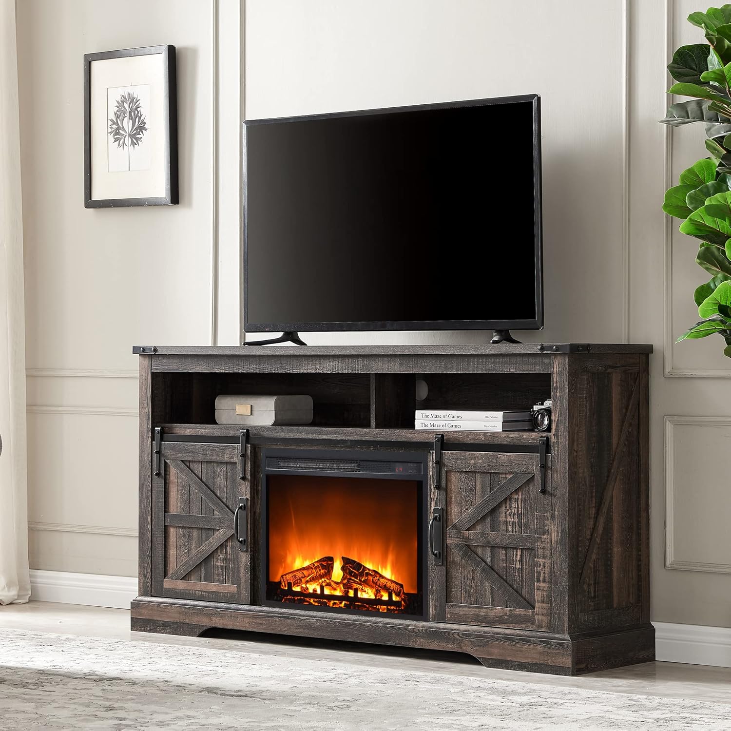Buy OKD Farmhouse TV Stand with 23'' Electric Fireplace for 65 Inch TV