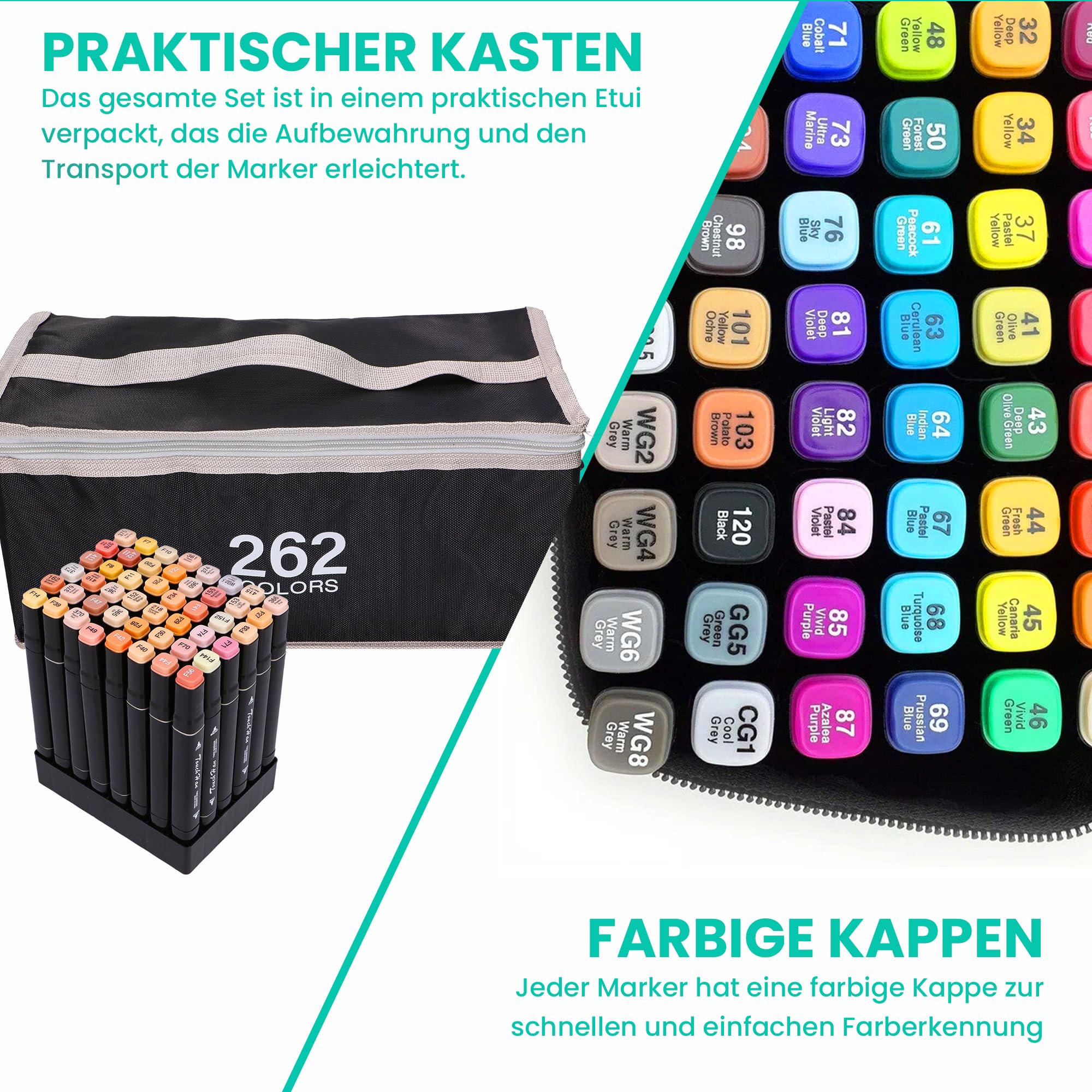 EXTRALINK Alkoholmarker Filzstifte 262 Stück, 2 Sekunde Schnell Trocknende Stifte Set, Marker Stifte mit Doppelseitige Spitze, Lebendige Tintenfarbe, Stifte mit Tragetasche, Zeichnung, Manga