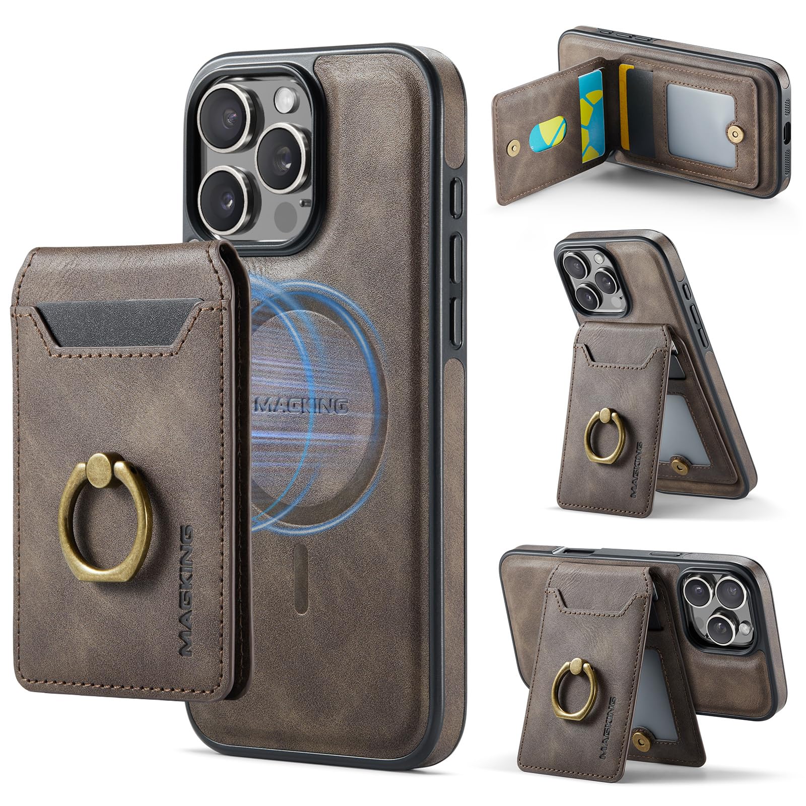 SZHAIYU K1 2 in 1 Detachable Magnetic Phone Cases Compatible with iPhone 16 Pro Case with Card Holder Ring , Compatible with Magsafe Wallet, Leather