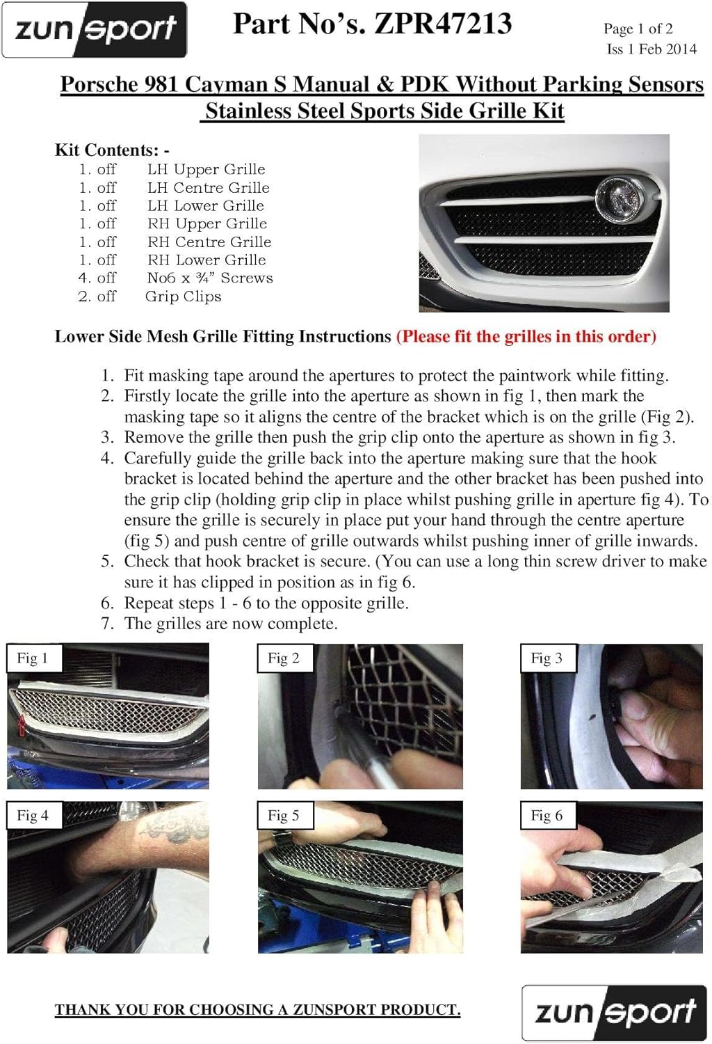 Zunsport Compatible With Porsche Cayman S 981 (Manual and PDK without Sensors) - Outer Grill Set - Silver finish (2012 to 2016)