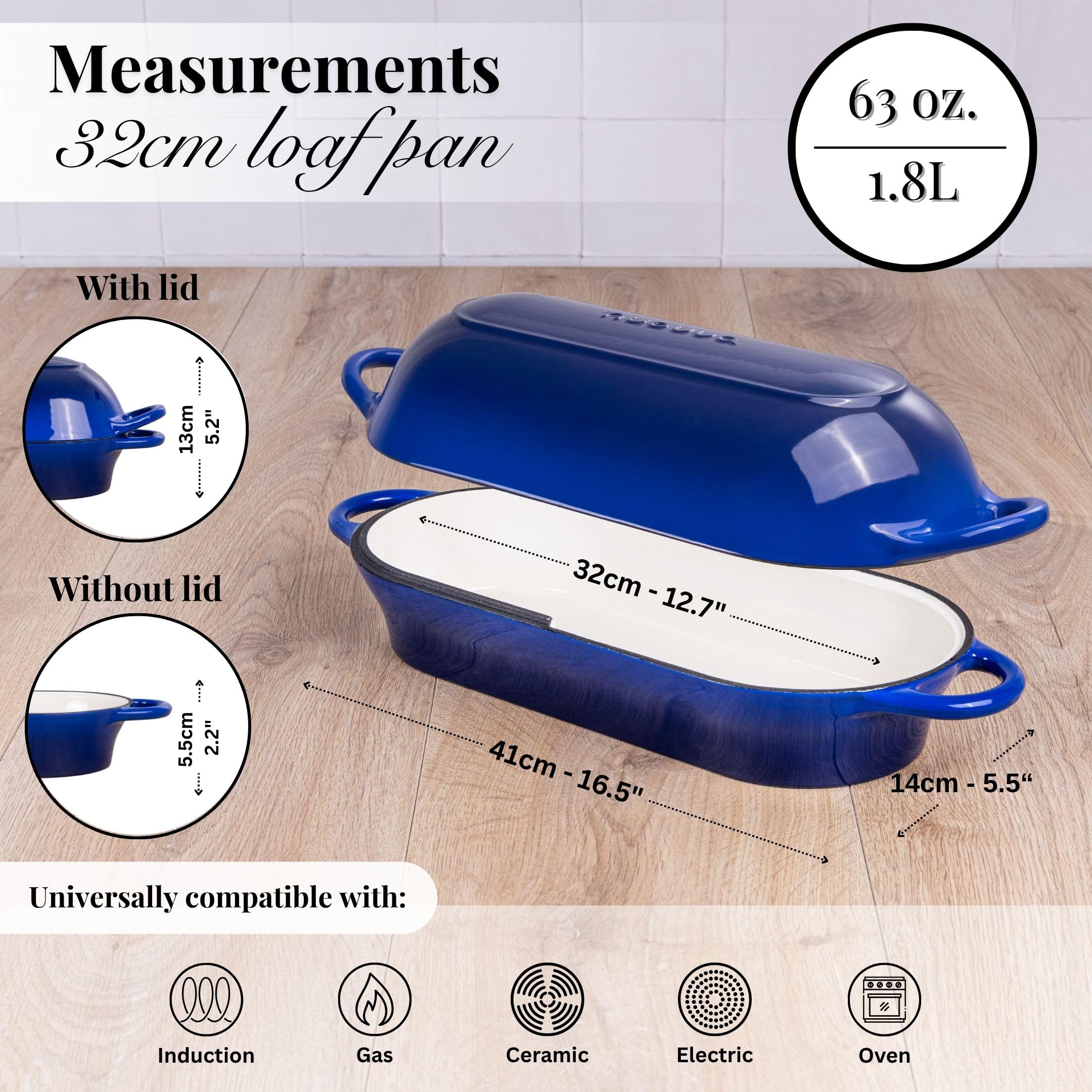Casserole à pain en fonte émaillée - Cocotte pour la cuisson du pain au levain - Passe au four - Antiadhésive - Rectangulaire - Bleu foncé - 32 cm x 16 cm Nuovva