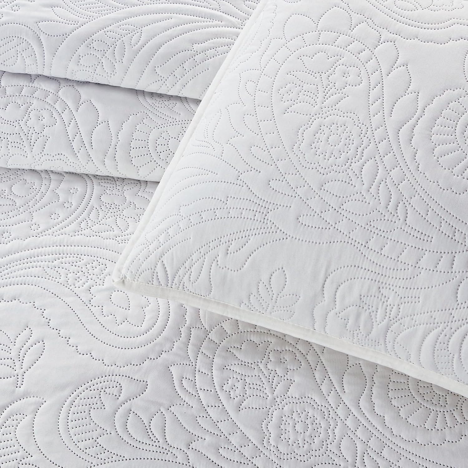 BOURINA Ultrasonic Quilt Set Bedspreads 3-Piece Bedding Set Pre-Washed Microfiber Ultra Soft Lightweight Flower Coverlet Set for All Season, Queen White