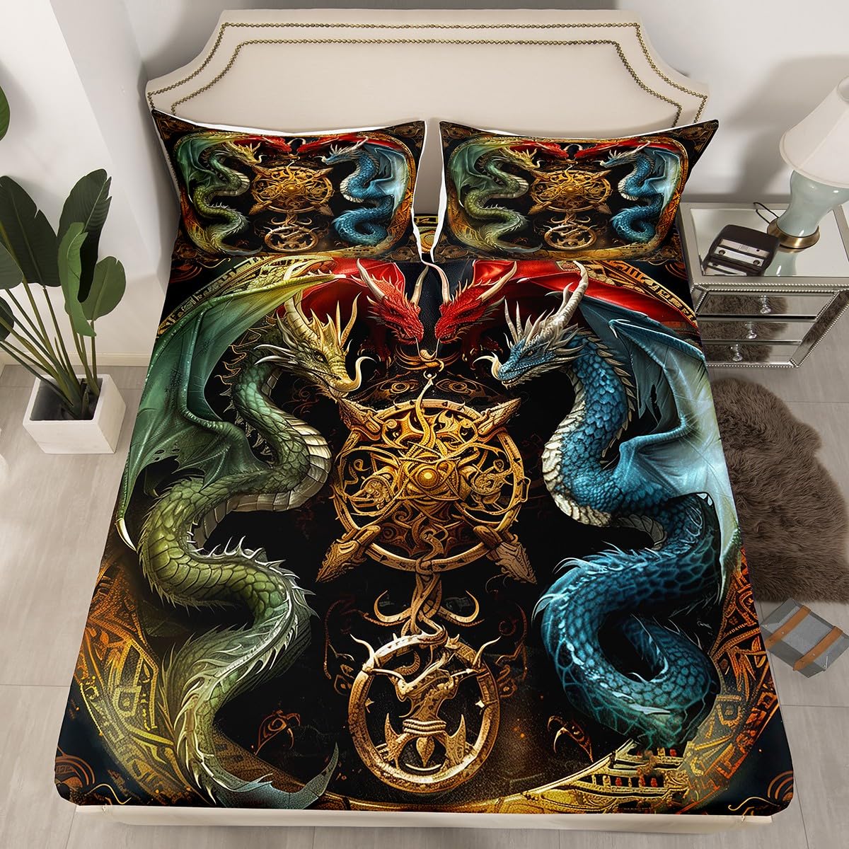 Vintage Dragon Fitted Sheet Set - Gothic Purple 3D Print Bedding (Full Size)