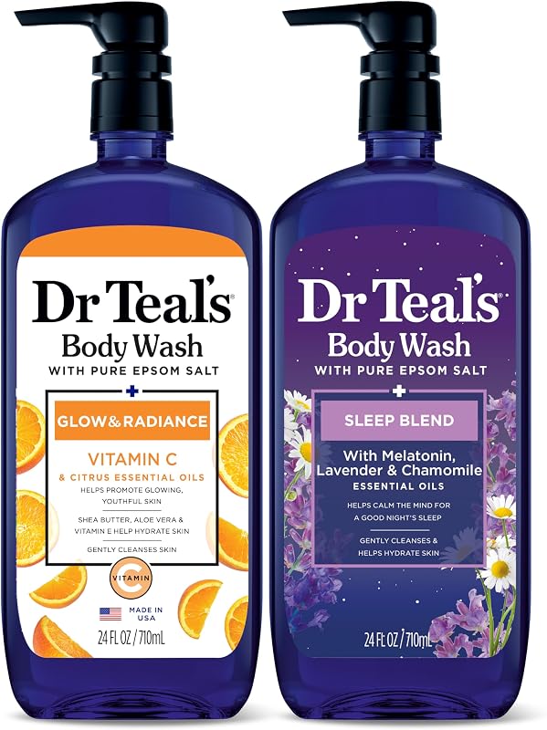 Dr Teal's Body Wash with Pure Epsom Salt, Daytime/Nighttime with Vitamin C & Sleep Blend, 24 fl oz (Pack of 2)
