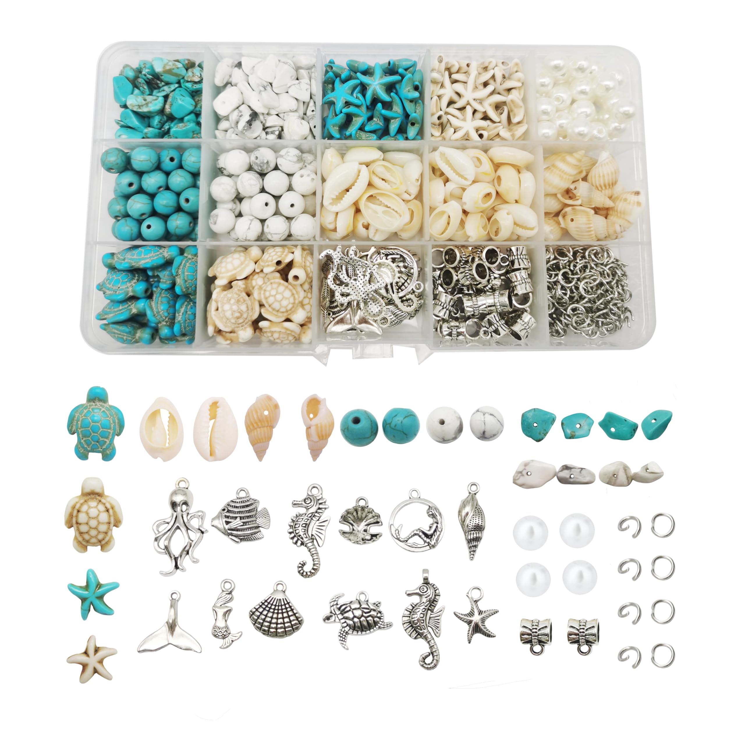 422 colgantes de aleación de plata antigua, conchas marinas, cuentas de turquesa hechas por el hombre, estrellas de mar, tortuga, océano, dijes para hacer joyas, collar de cuentas de playa