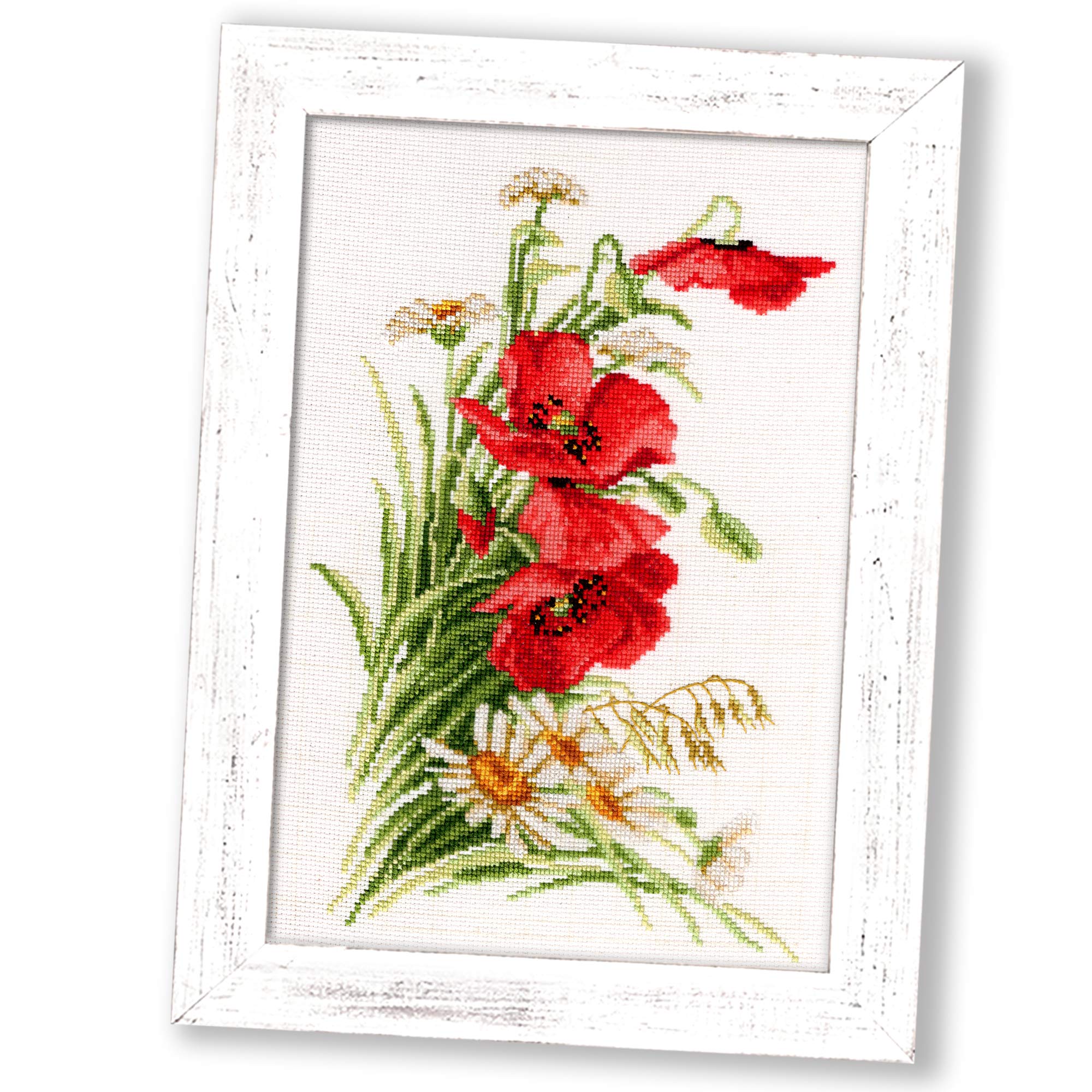Counted Cross Stitch Kit 'Bouquet with Poppies' - Poppies and Daisies Wildflowers Hand Embroidery Set