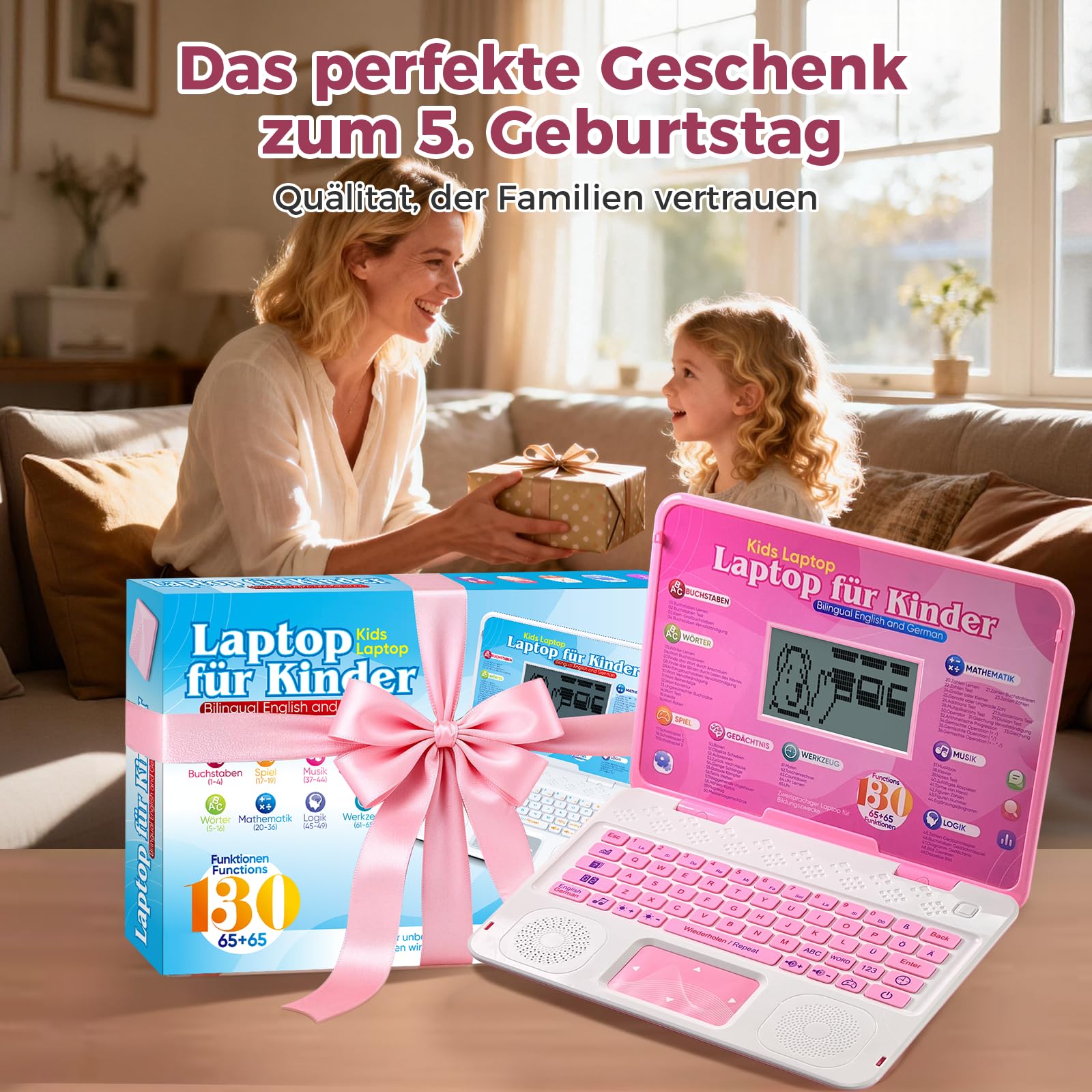 Kinder Laptop - Bilingualer Lerncomputer (DE/EN) mit 9,7x5,2cm Bildschirm für Mathe, Alphabet, Musik & Spiele