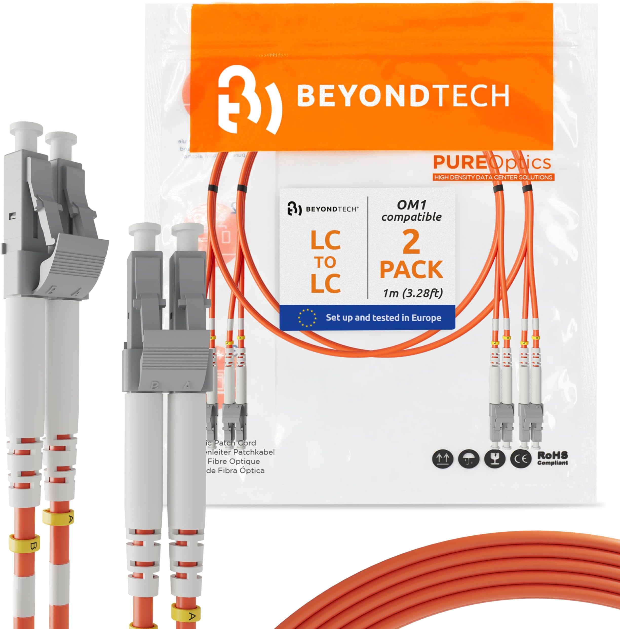 BEYONDTECH LC to LC Fiber Patch Cable Multimode Duplex - 1m (3.28ft) - 62.5/125um OM1 LSZH (2 Pack) - PureOptics Cable Series