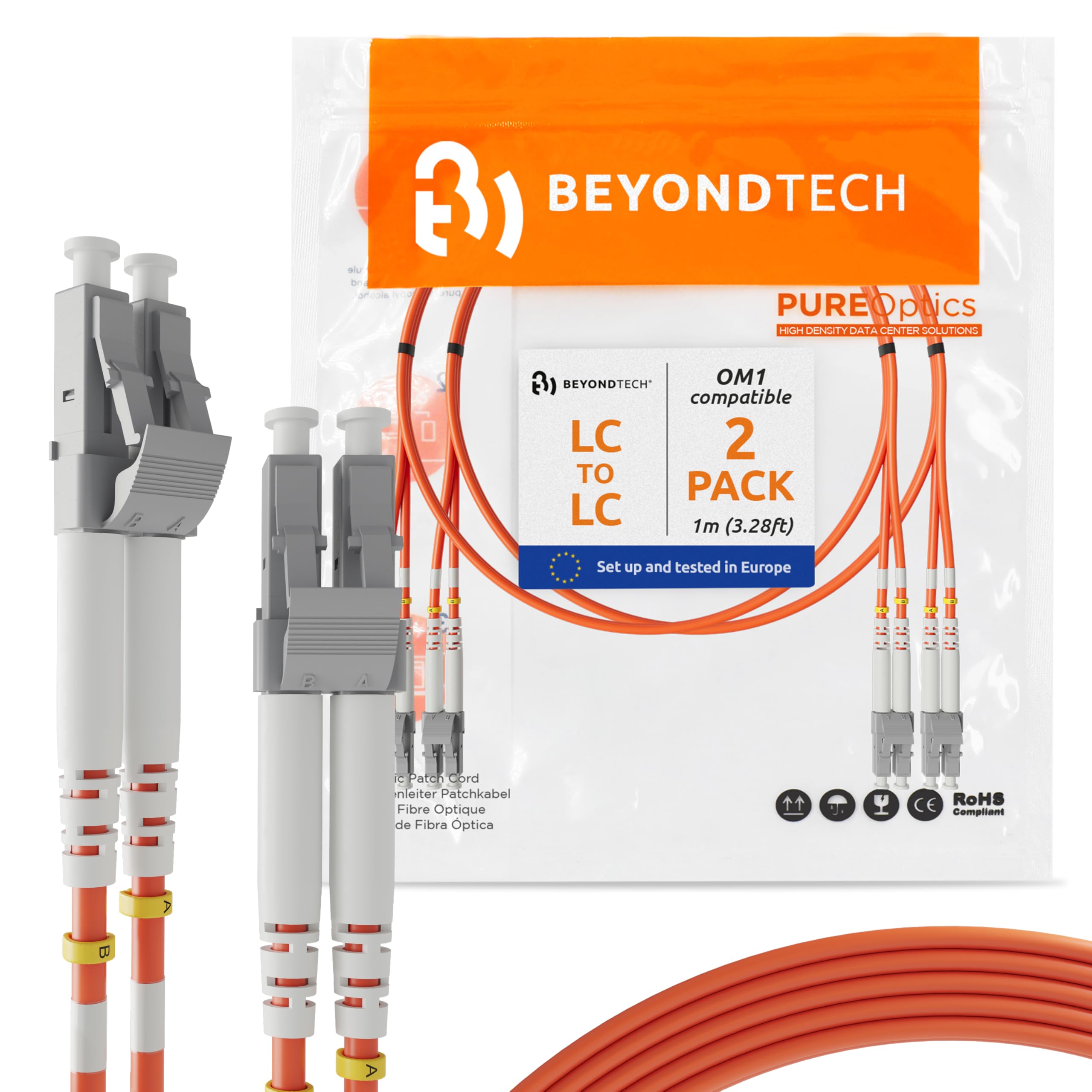 BEYONDTECH 1m (3.28ft) LC to LC Fiber Patch Cable – (2 Pack) UPC Multimode Duplex Fiber Optic Cable – 62.5/125um core, Compatible with OM1 – LSZH PUREOptics Series