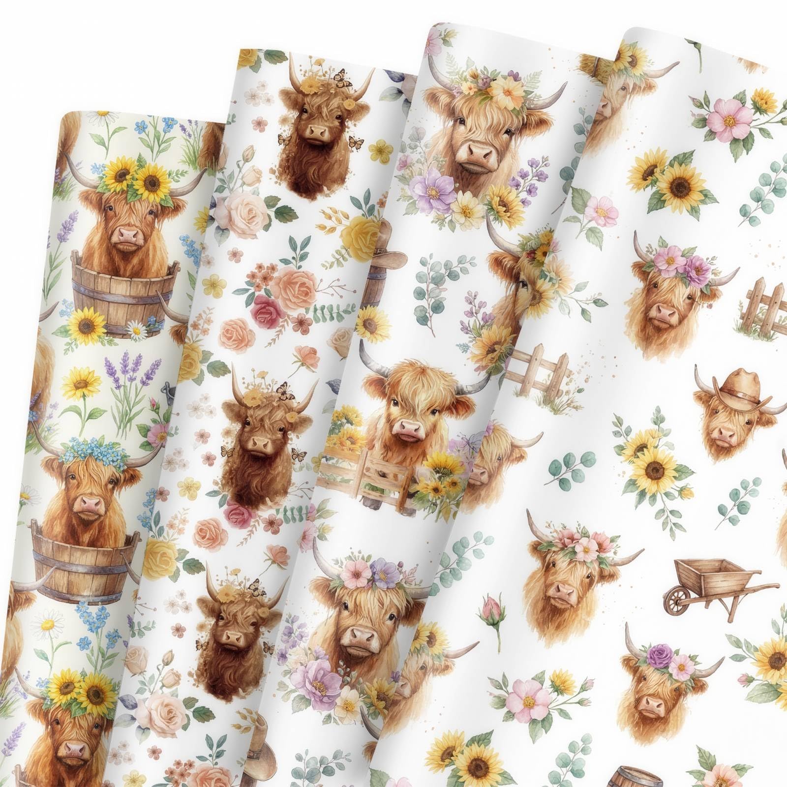 GleeWrap Highland Cow Wrapping Paper, Floral Gift Wrap with Highland Cow and Wildflower Designs for Birthday, Baby Shower, Wedding and Special Occasion Gifts, 12 Sheets, 50 x 70 cm