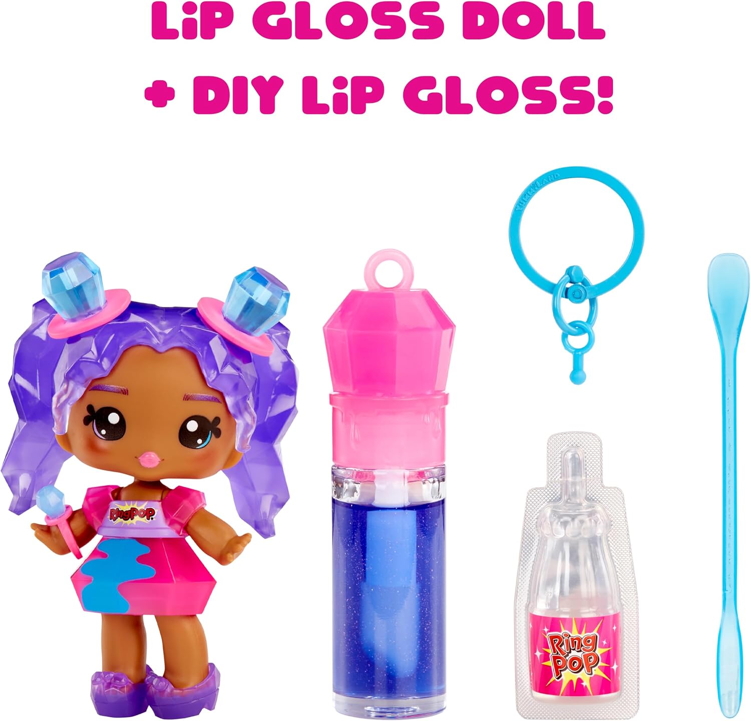 Yummiland x Licensed Sweets Lip Gloss Doll: Ring Pop Includes DIY Lip Gloss + Removable Keychain, Cosmetic Play, Collectible, Ages 4+