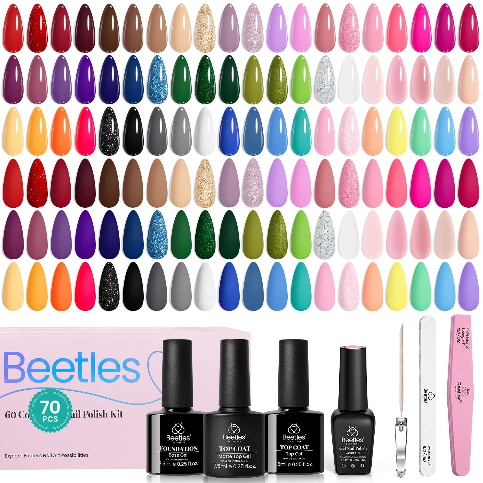 Beetles Winter Gel Nail Polish Set, 70 PCS 60 Colors Red Green Pink Brown Blue Nude Glitter Gel Nail Polish Kit with Base Top Coat for Beginners UV LED Needed DIY Salon Christmas Gifts for Women
