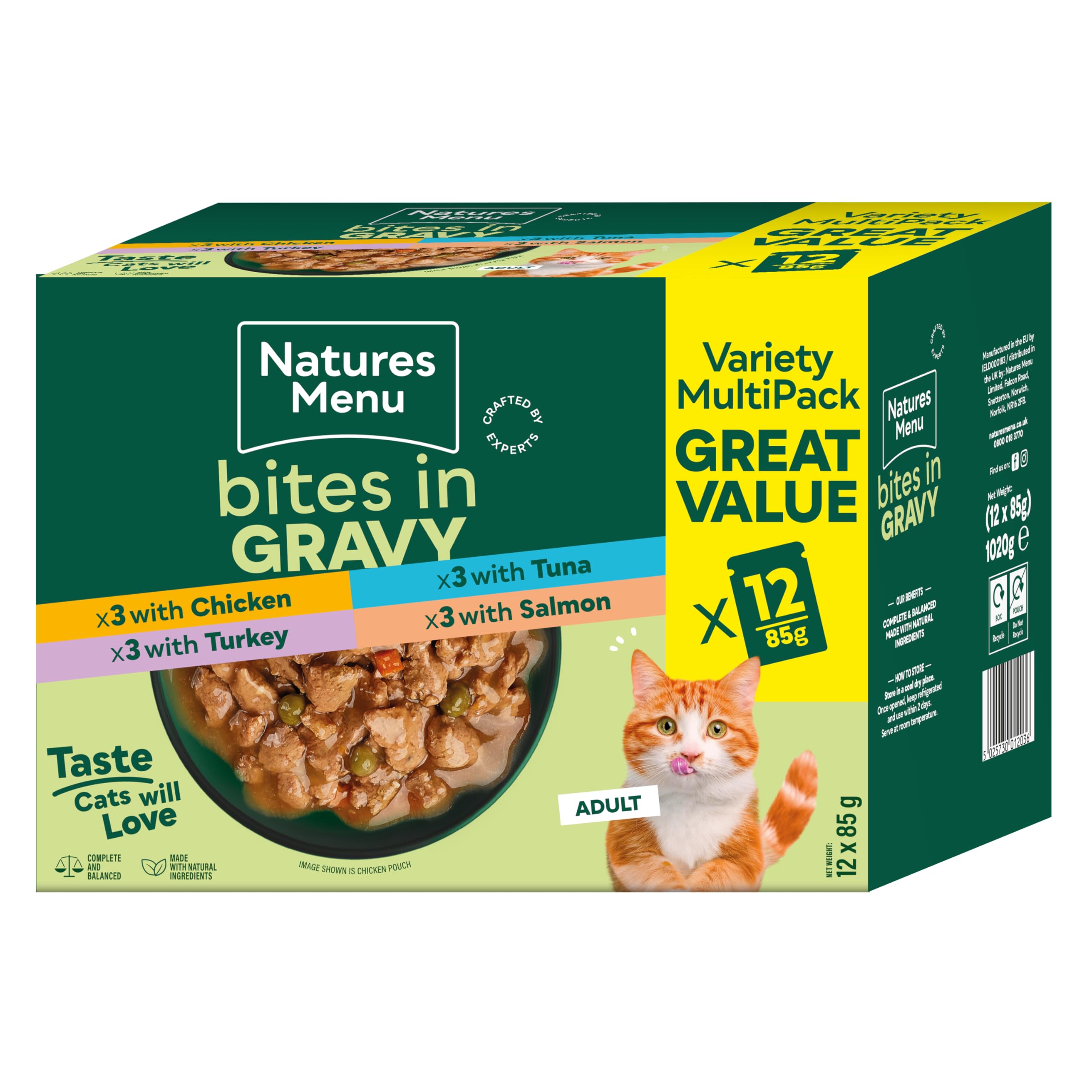 Natures Menu Bites In Gravy Variety Pack Wet Cat Food - X 85G Salmon/Green Size 12