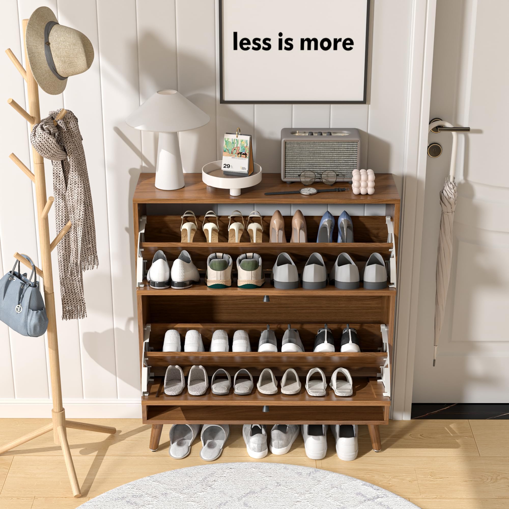 Fsbecl Shoe Storage Cabinet for Entryway with 2 Fluted Flip Drawers, Walnut | Narrow Design, Freestanding Shoe Rack with Adjustment Shelves, Wooden Hidden Organizer for Hallway Foyer, 12-16 Pairs