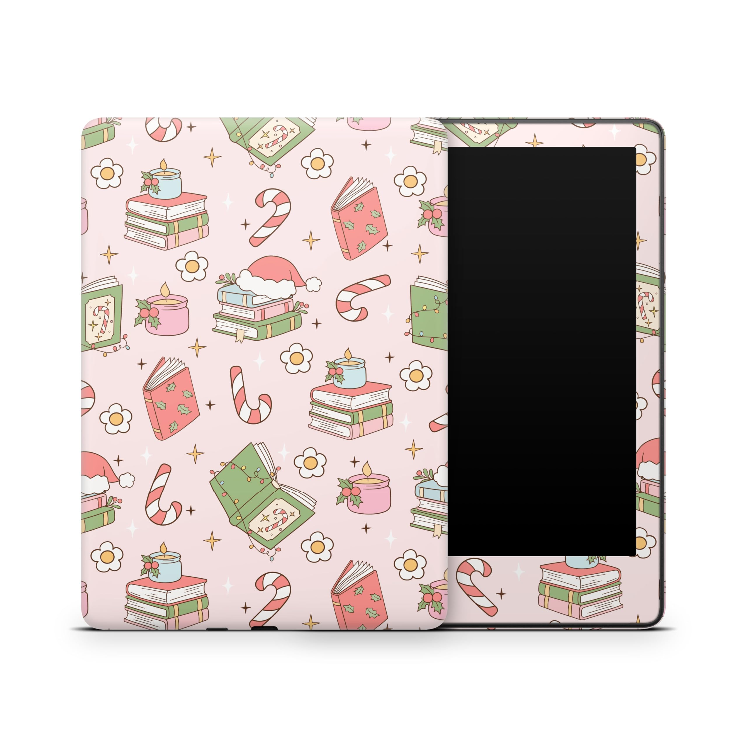 ZOOMHITSKINS Kindle Skin Compatible with Kindle Paperwhite Gen 12 (2024), Pastel Light Pink Cute Christmas Book Flowers Candy Cane, Easy Bubble-Free 3M Vinyl Skin Decal Accessories, Made in The USA