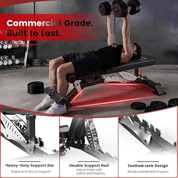 Adjustable Weight Bench, 1800LBS Heavy Duty Workout Bench for Home Gym | Commercial Strength Training Bench with Removable Leg Holder, Supports Full Body Workouts with Flat Incline Decline Sit Up